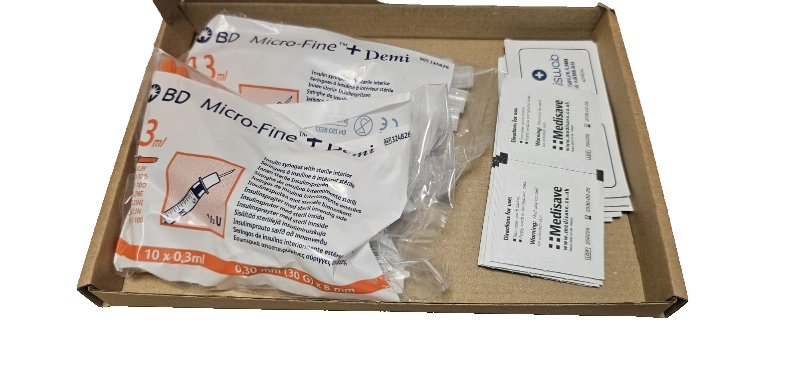 20 Syringe swab kit - BD Micro Fine Demi 30G 8mm 0.3ml 20 syringes plus 20 sterile swabs kit
