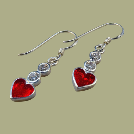 Solid Silver 925 Drop Heart & cubic zirconia Earrings 