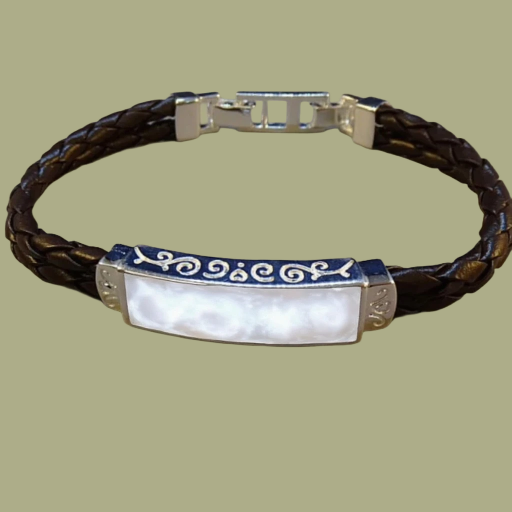 Solid Silver Gents Bracelet with Leather Strap 