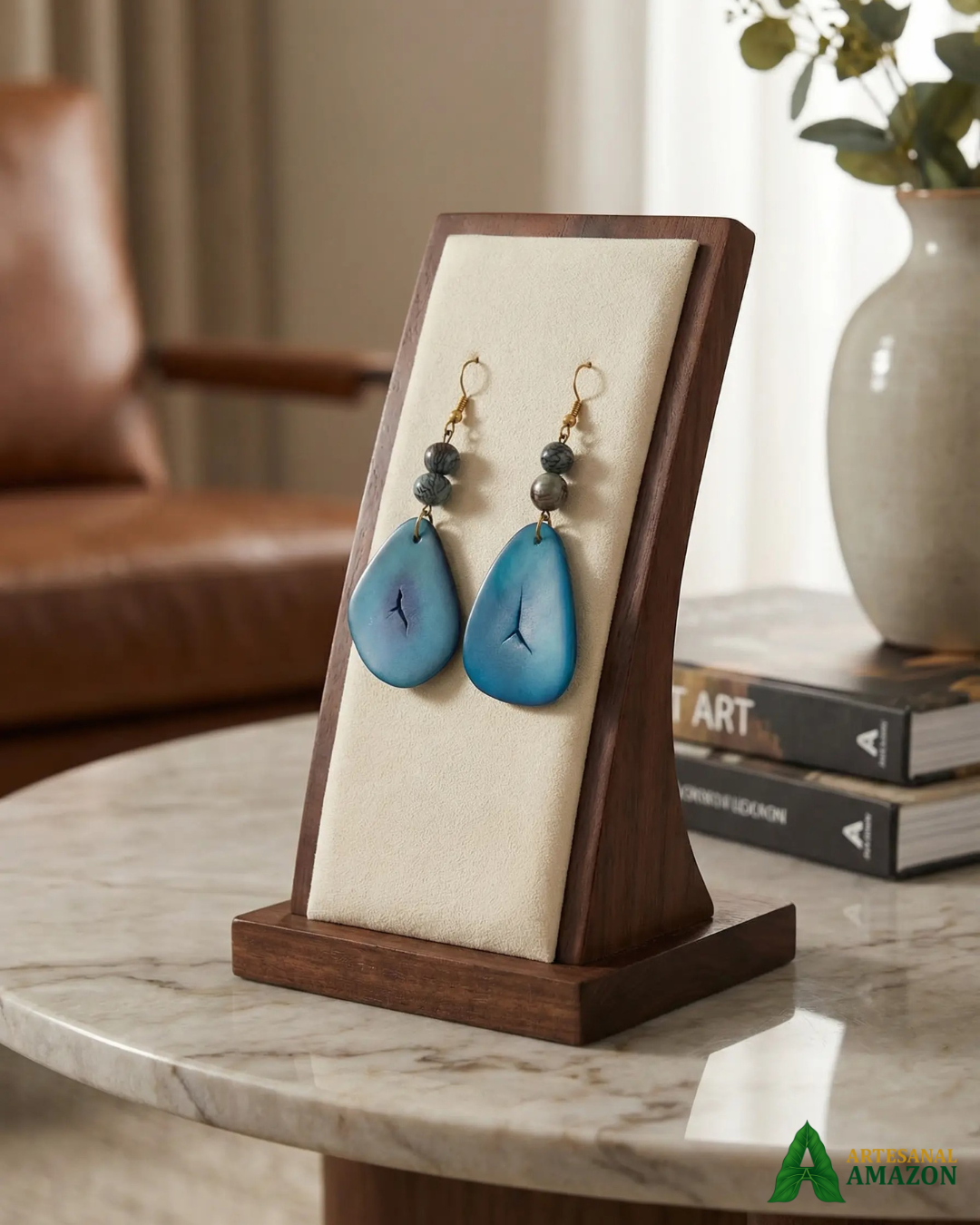 Brincos de Lasca de Jarina Tingida Azul