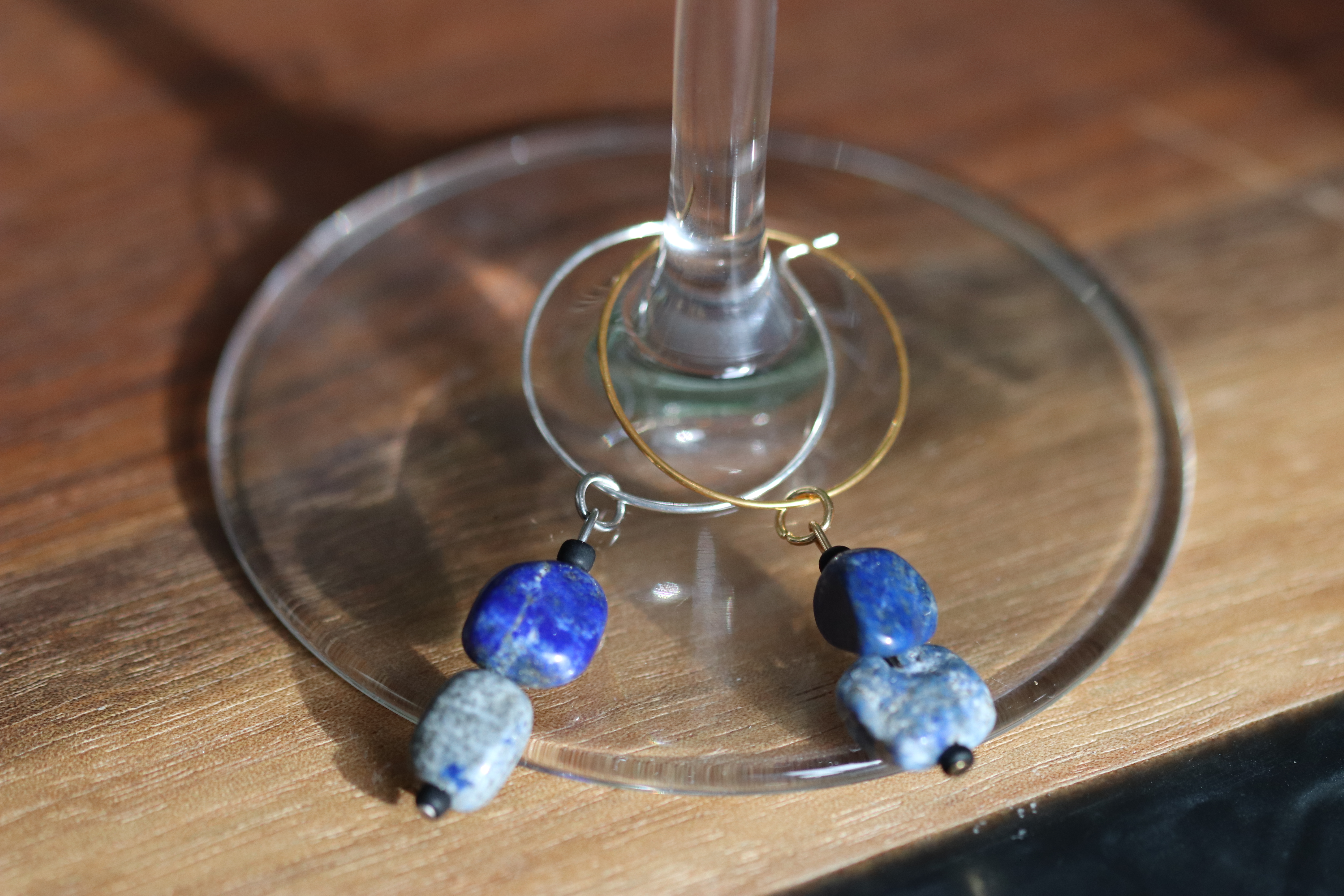 Blue and Gray Lapis Lazuli Wine Charms called "Mercury"