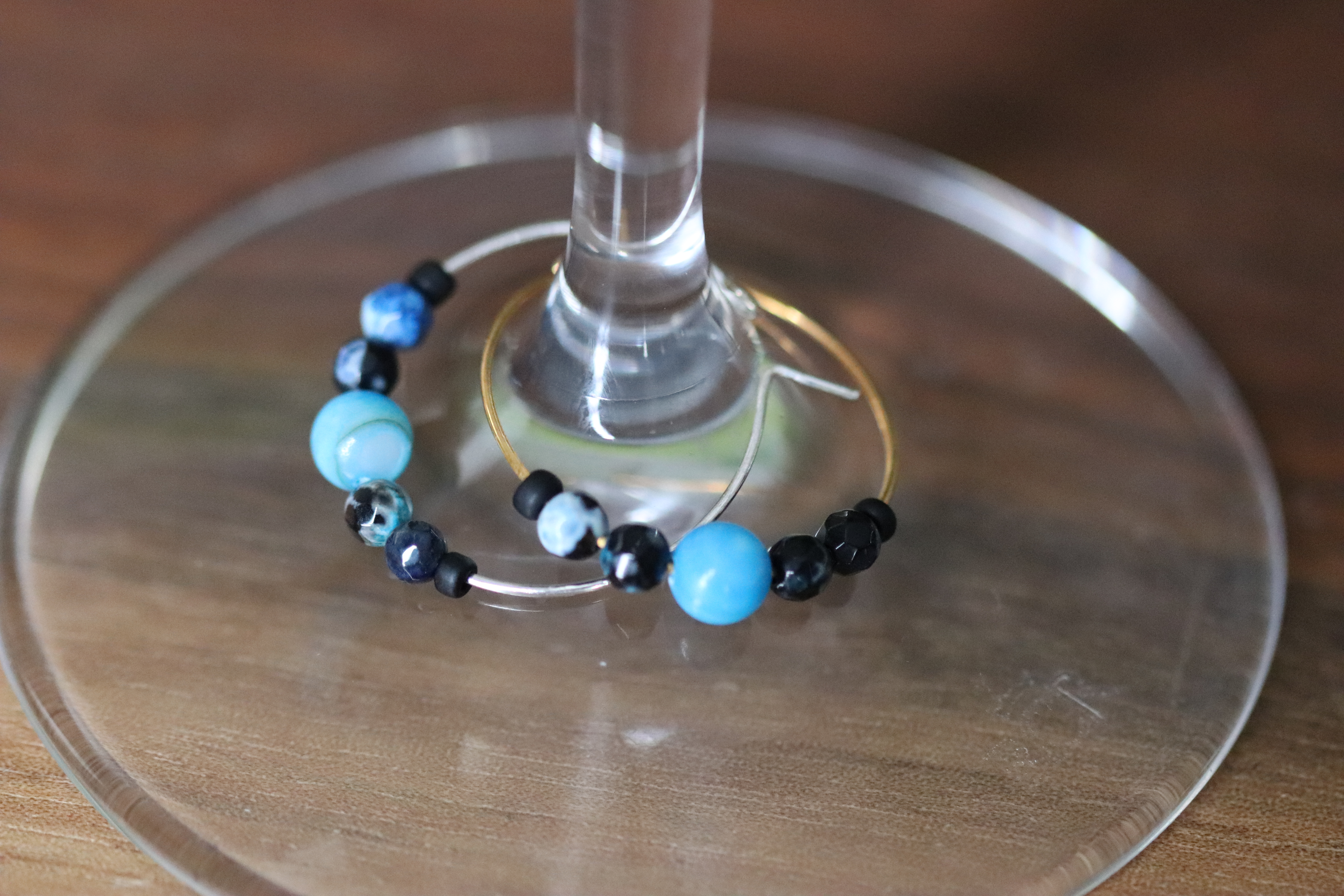 Blue and Black Agate and Shell Wine Glass Charm called "Can't Go Wrong"