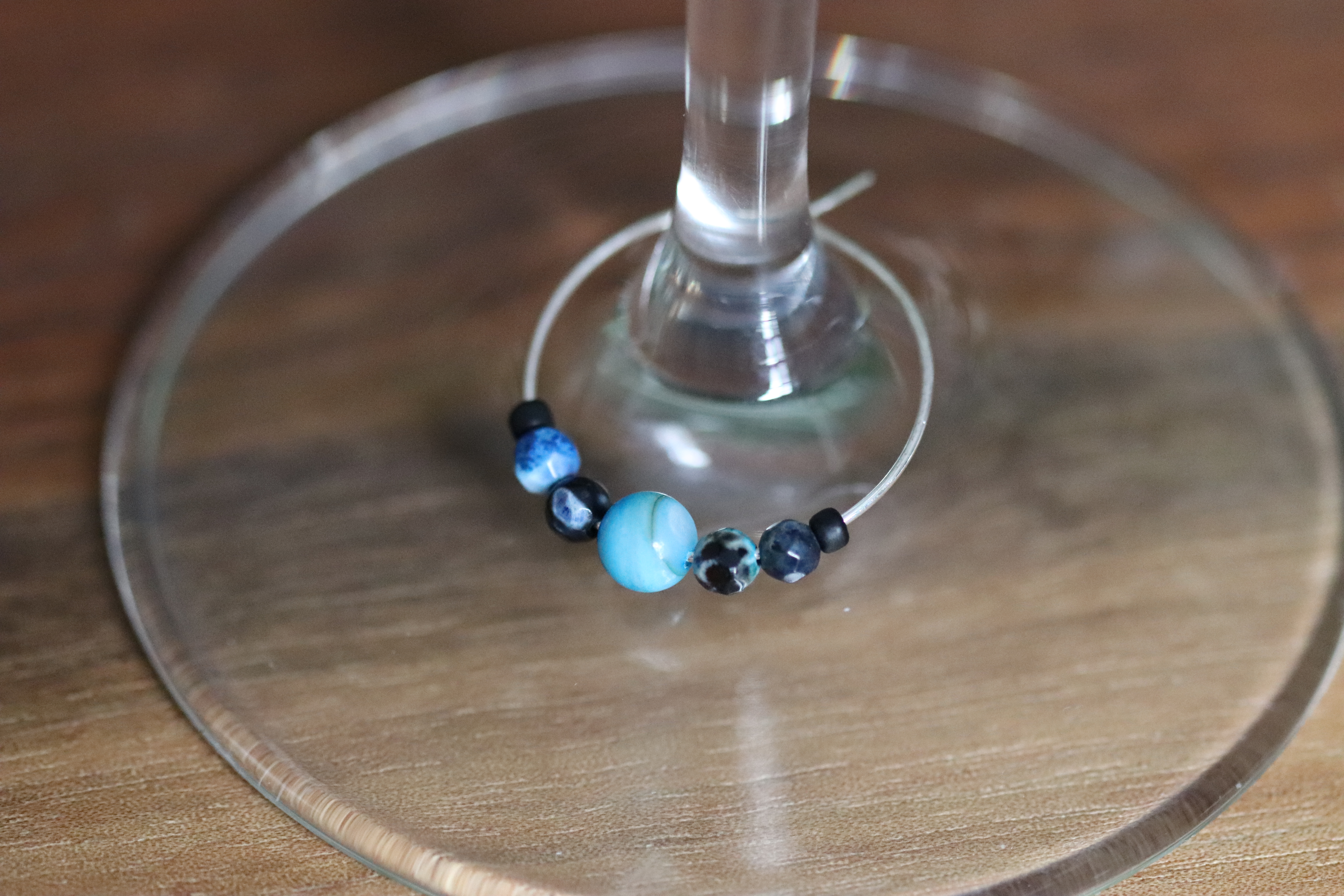 Blue and Black Agate and Shell Wine Glass Charm called "Can't Go Wrong"