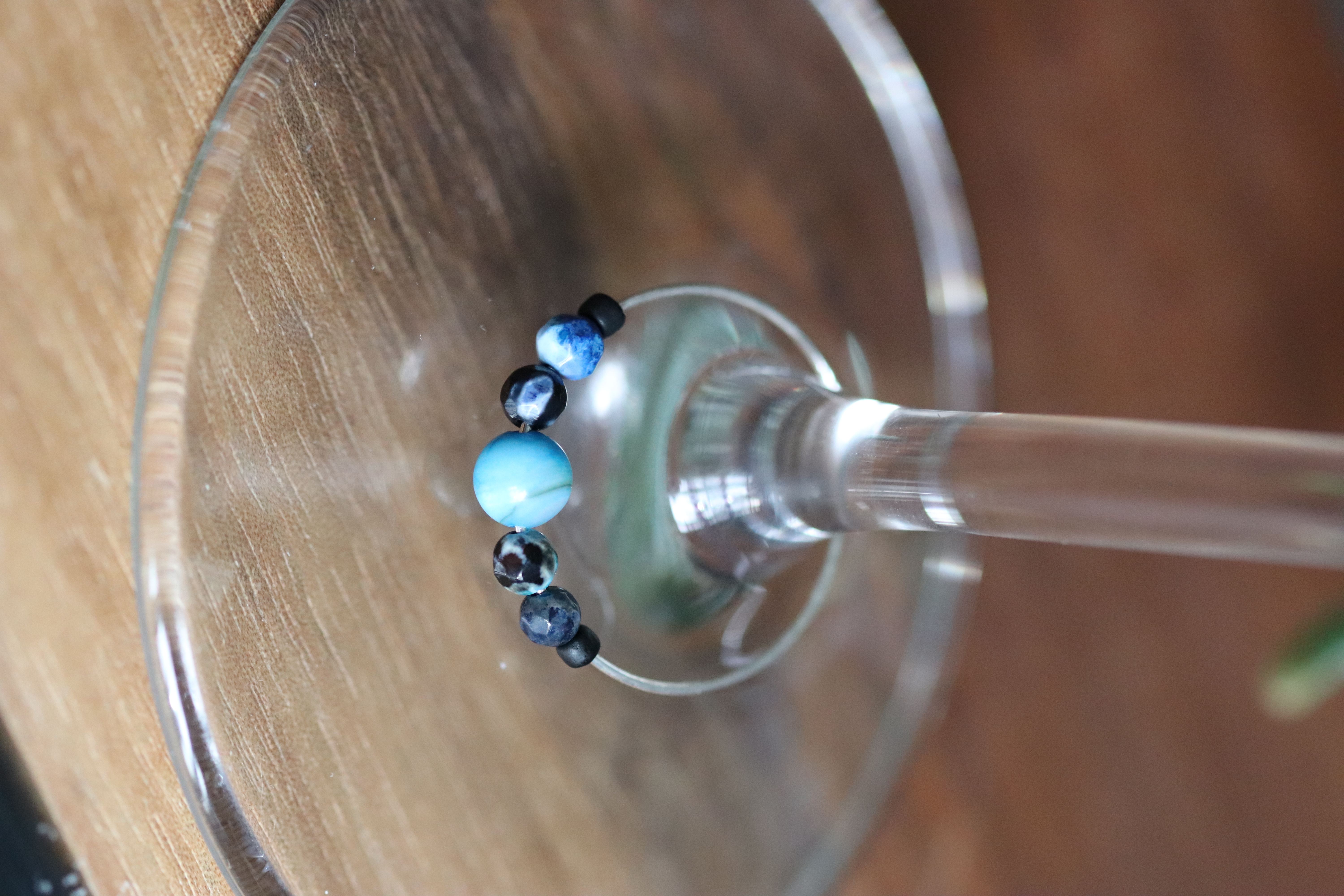 Blue and Black Agate and Shell Wine Glass Charm called "Can't Go Wrong"