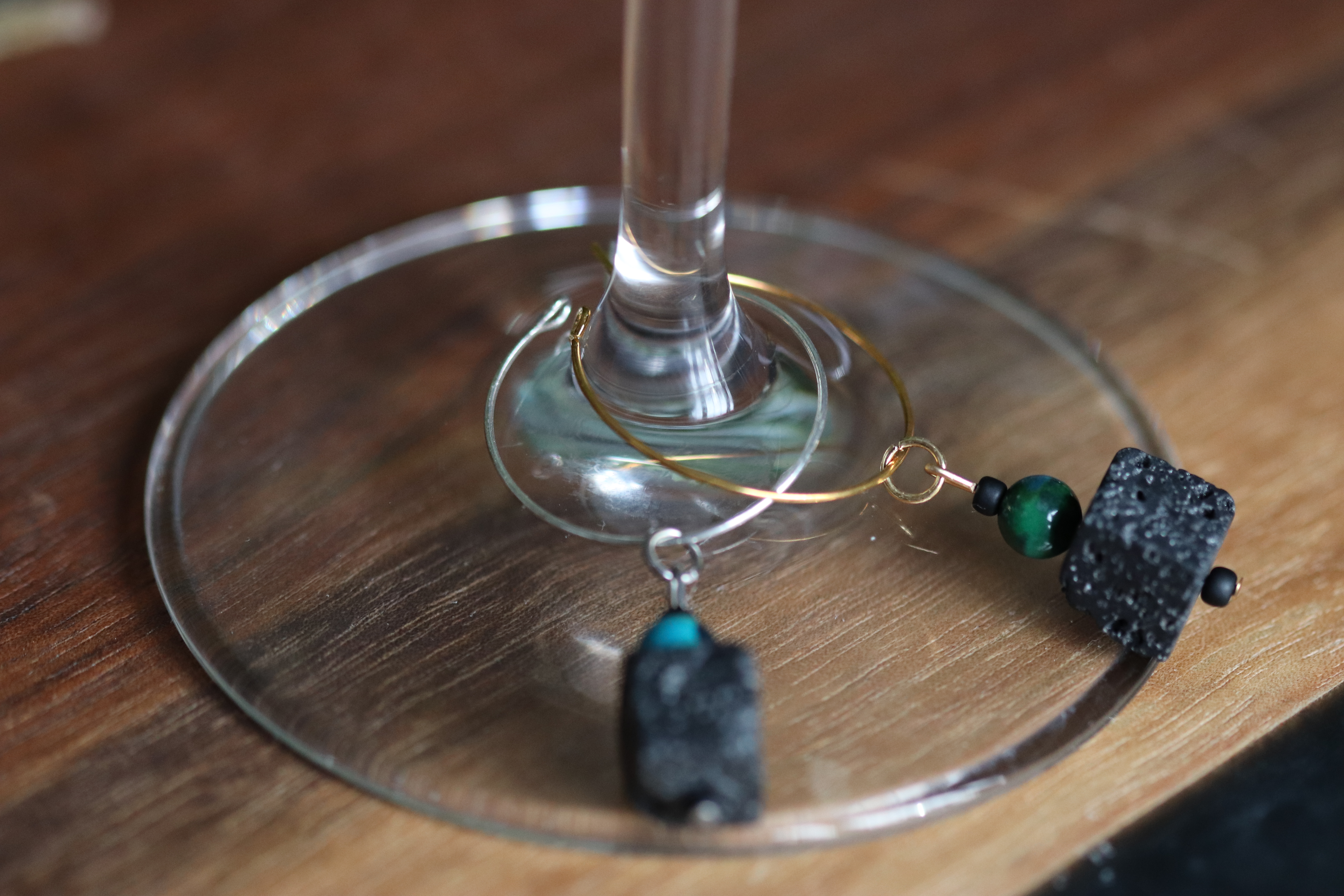Cube-Shaped Black Lava Stone & Blue / Green Agate Wine Charm called "Mycraft"