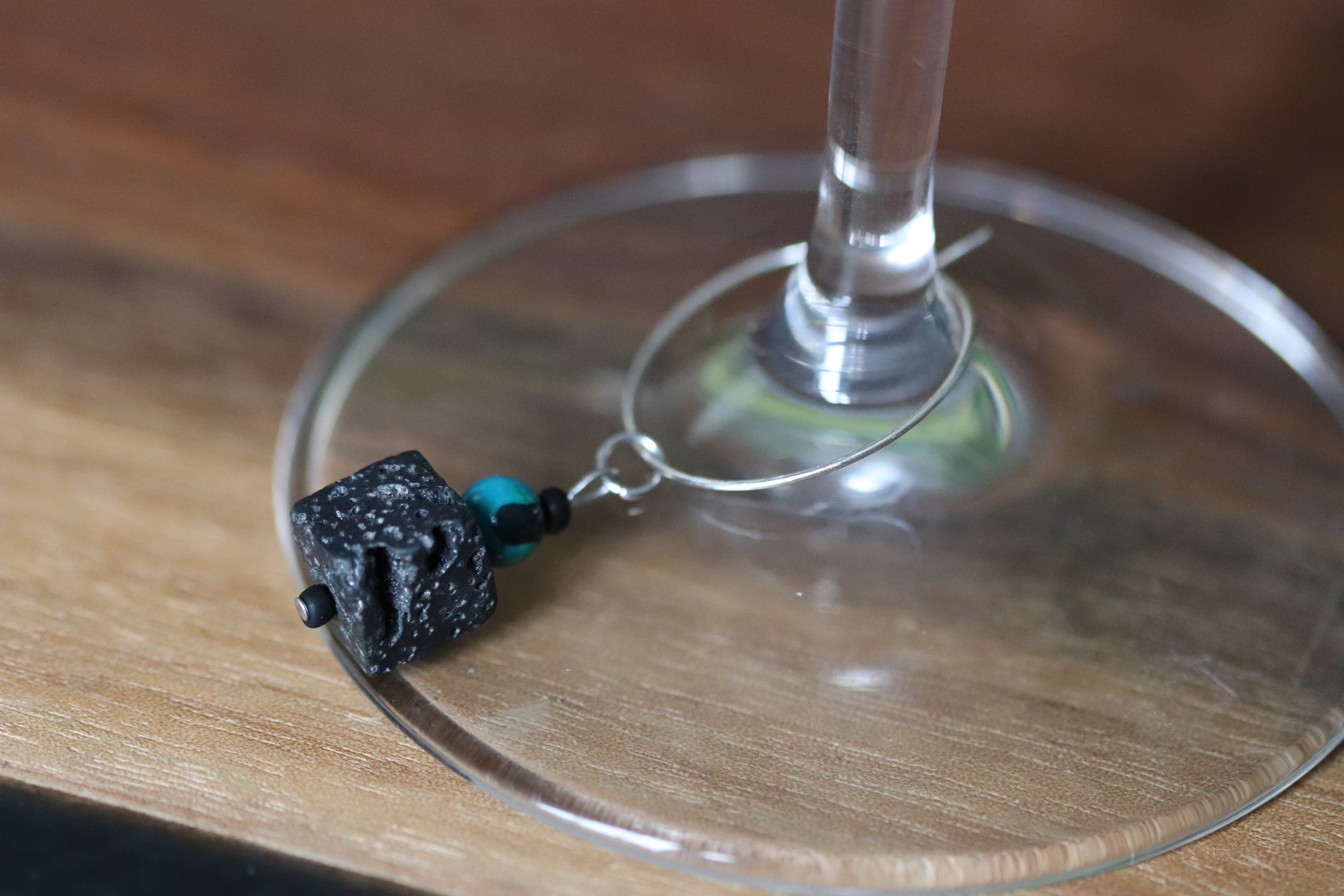 Cube-Shaped Black Lava Stone & Blue / Green Agate Wine Charm called "Mycraft"