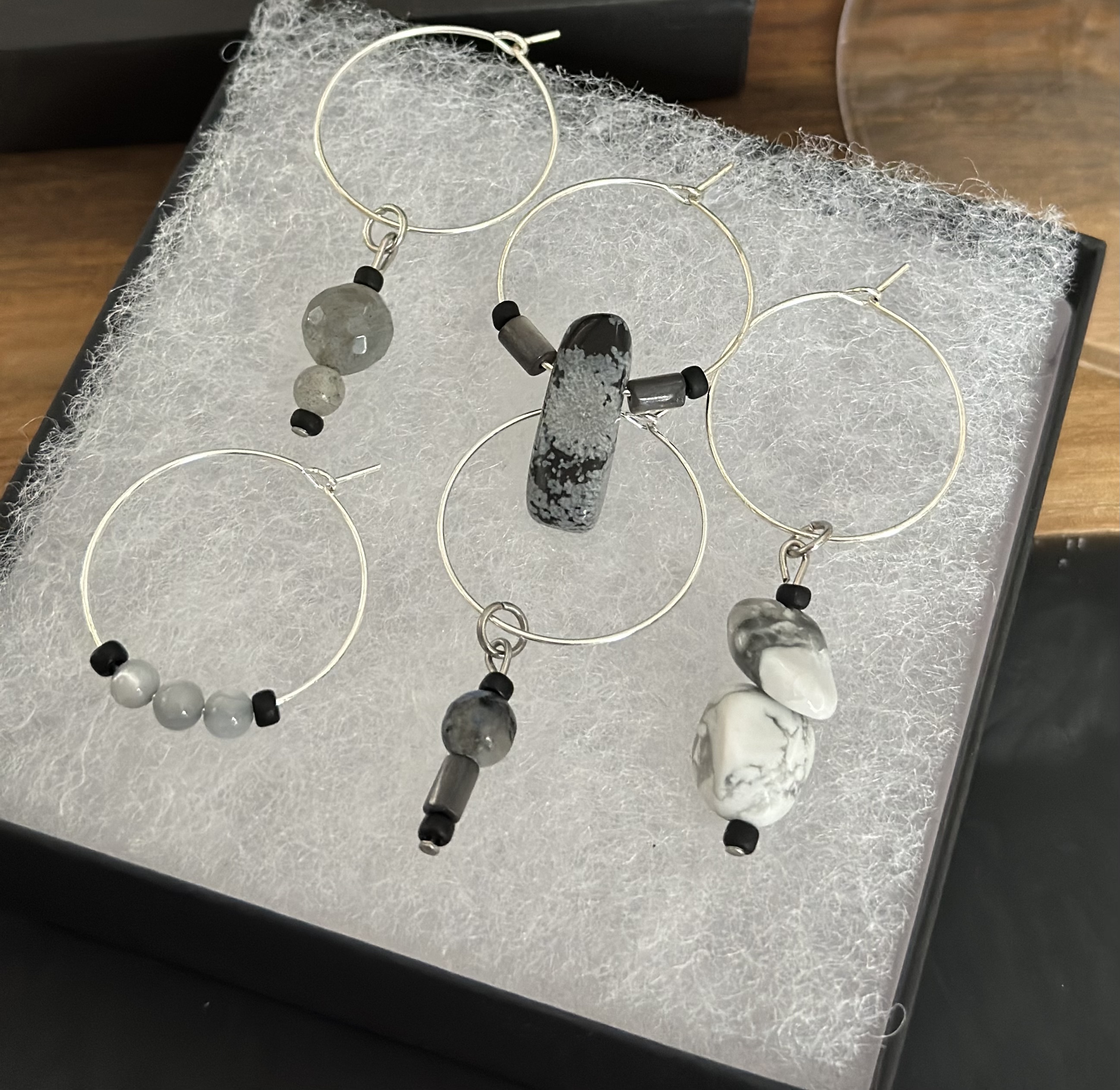 Handcrafted Grey Hue Gemstones Wine Charms Set