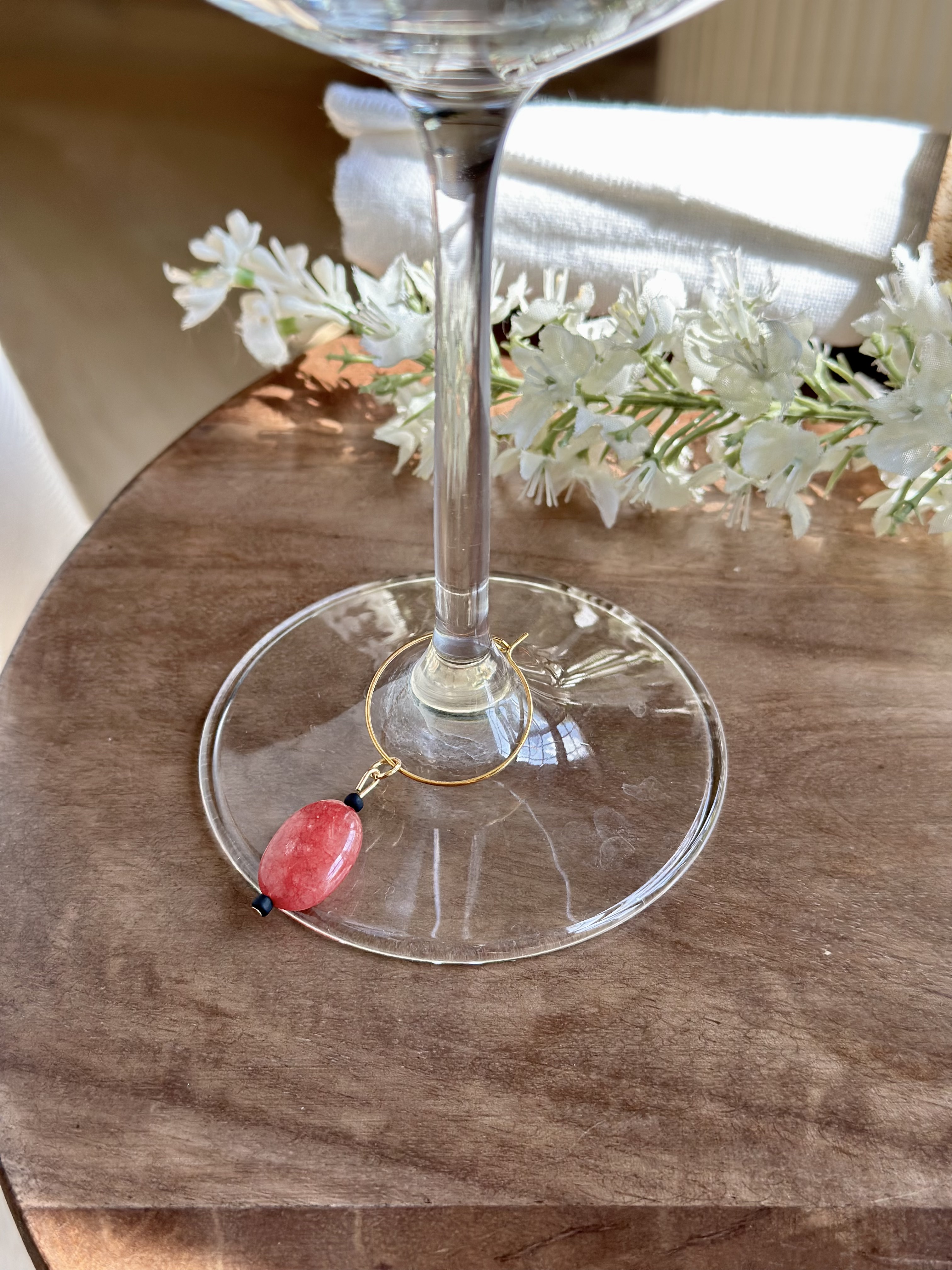 Elegant Pink Agate Wine Glass Charm called "Cherry Fix"
