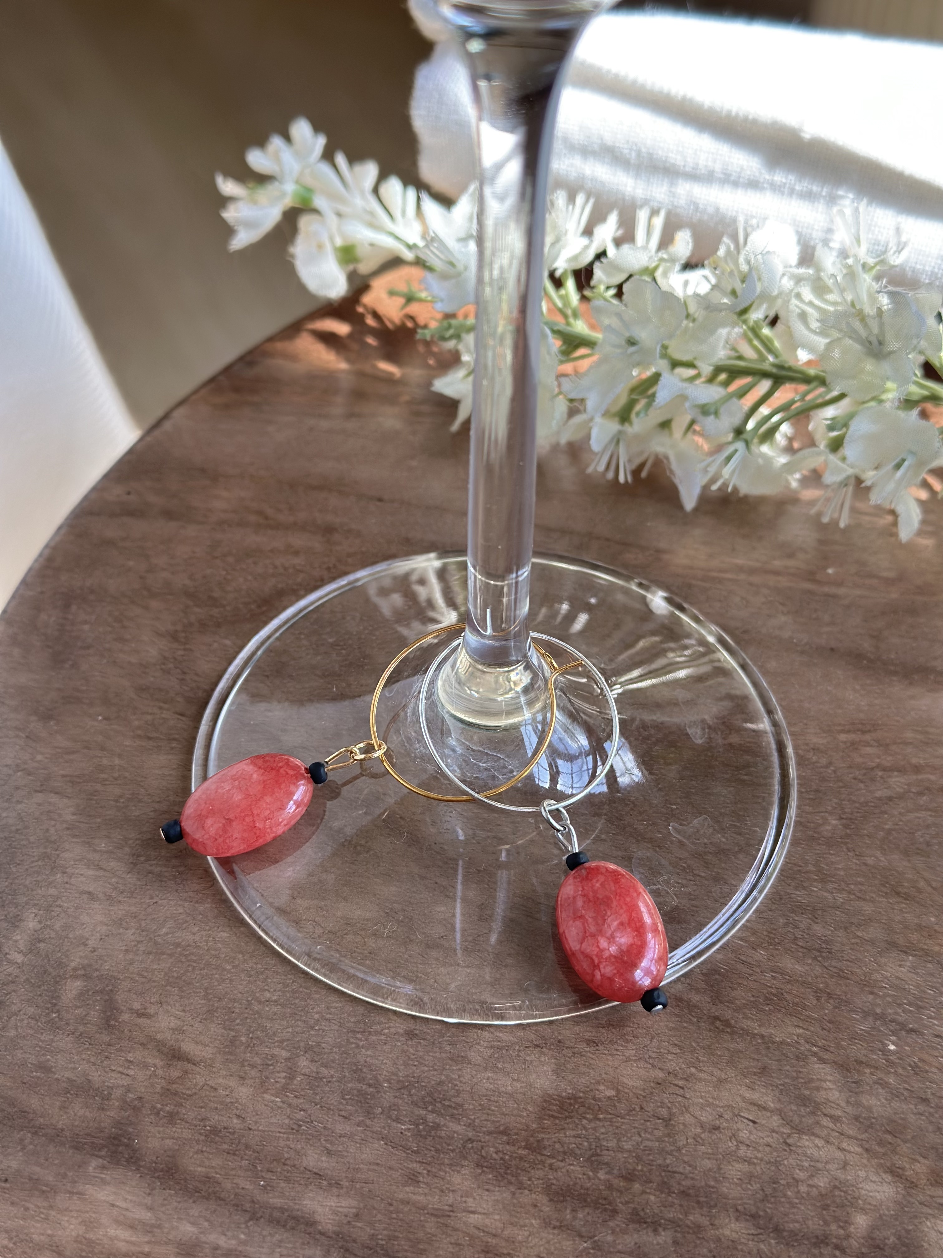Elegant Pink Agate Wine Glass Charm called "Cherry Fix"