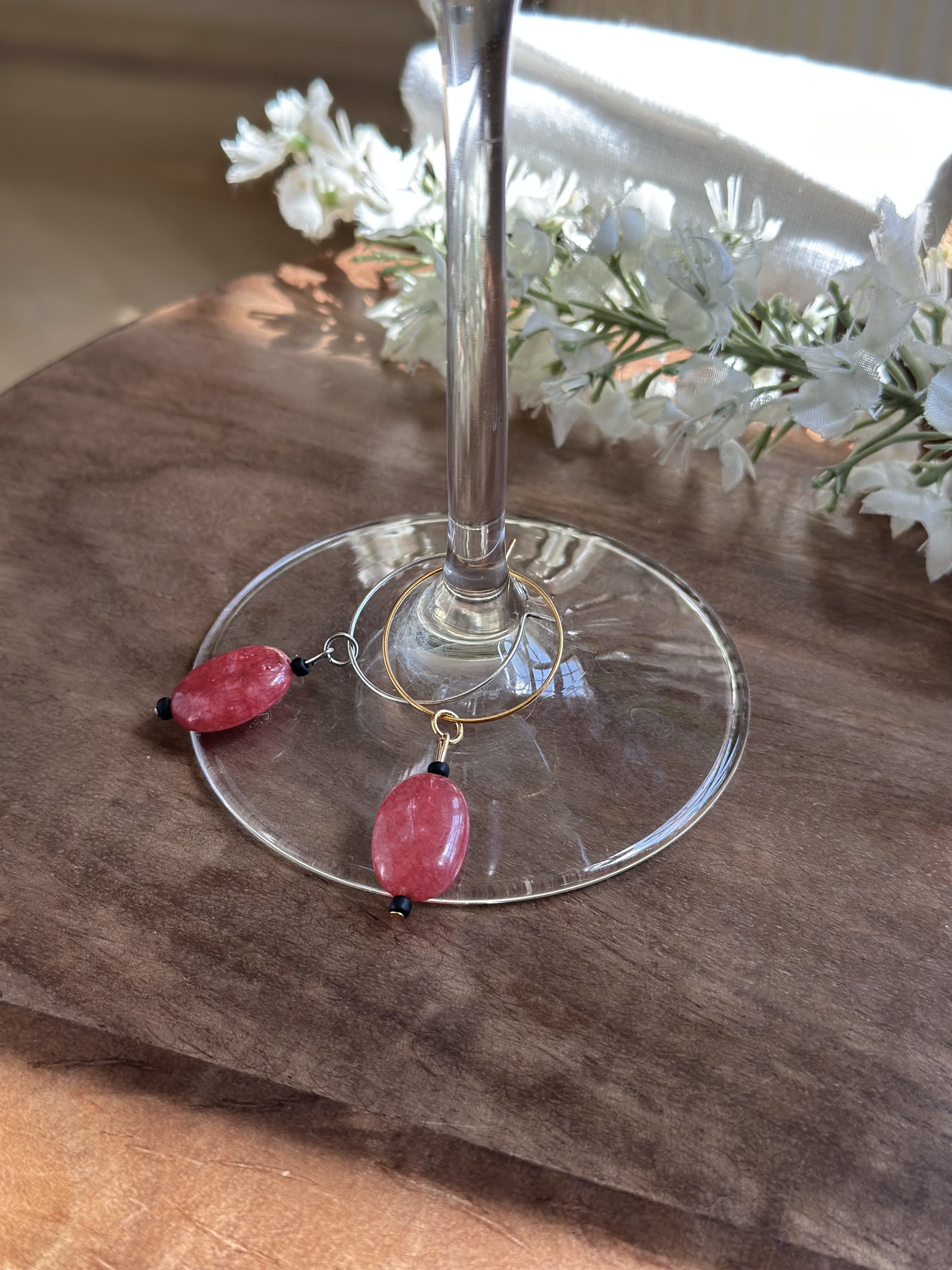 Elegant Pink Agate Wine Glass Charm called "Cherry Fix"