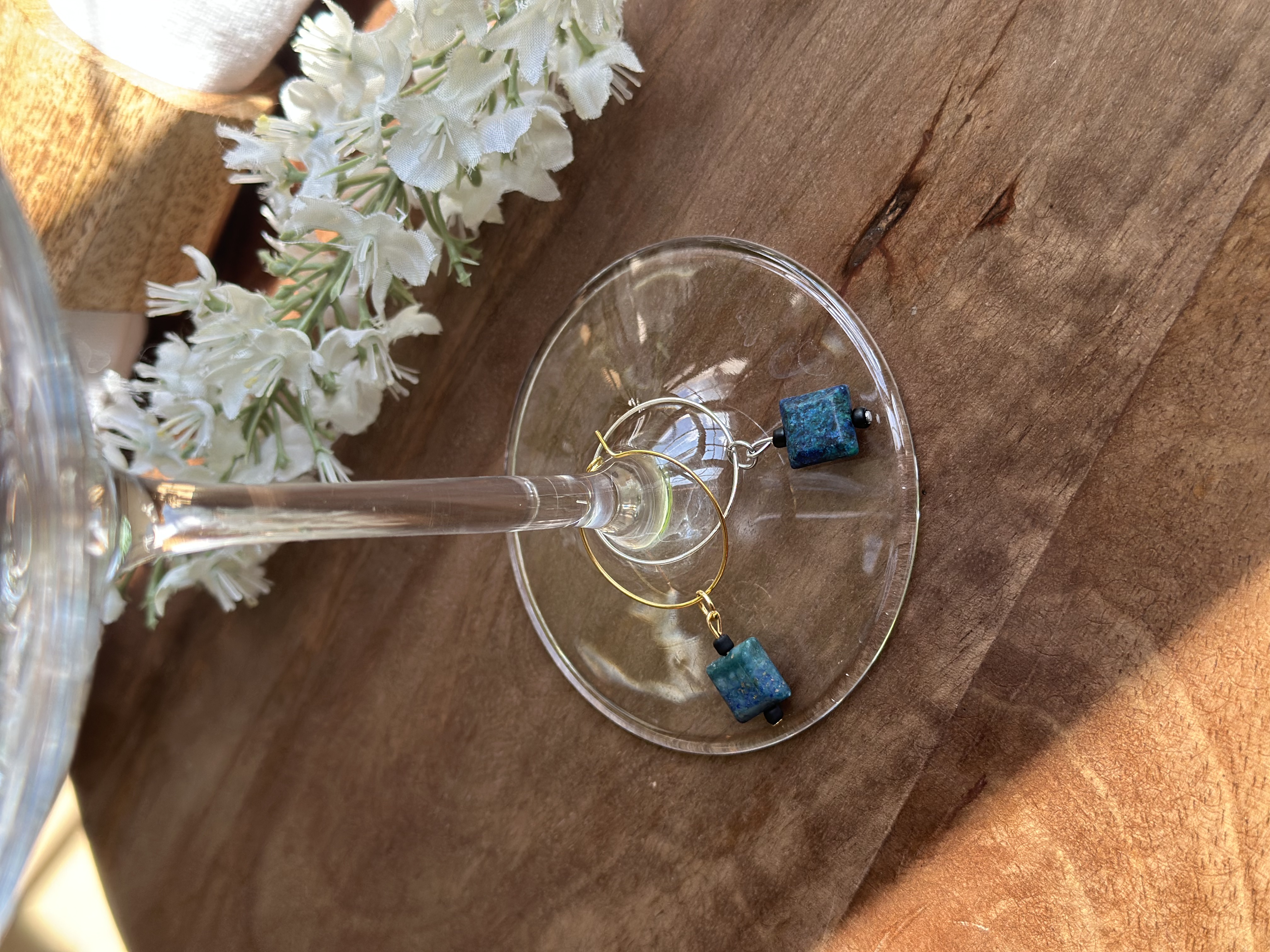 Green, Blue and Teal Chrysocolla Wine Glass Charm called "Chic Chiclet"