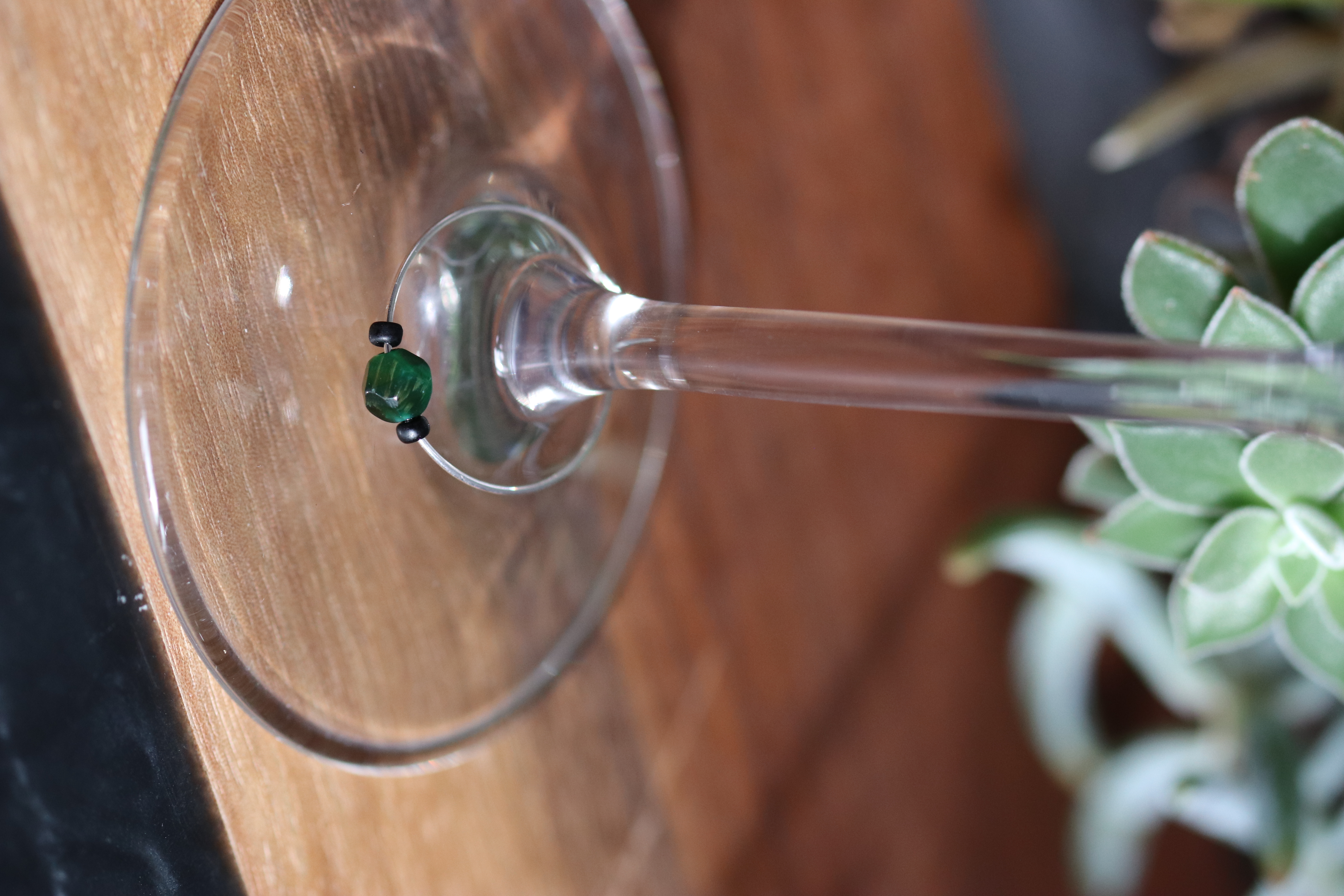 Dark Green Tiger Eye Wine Glass Charm called "Dark Palm"