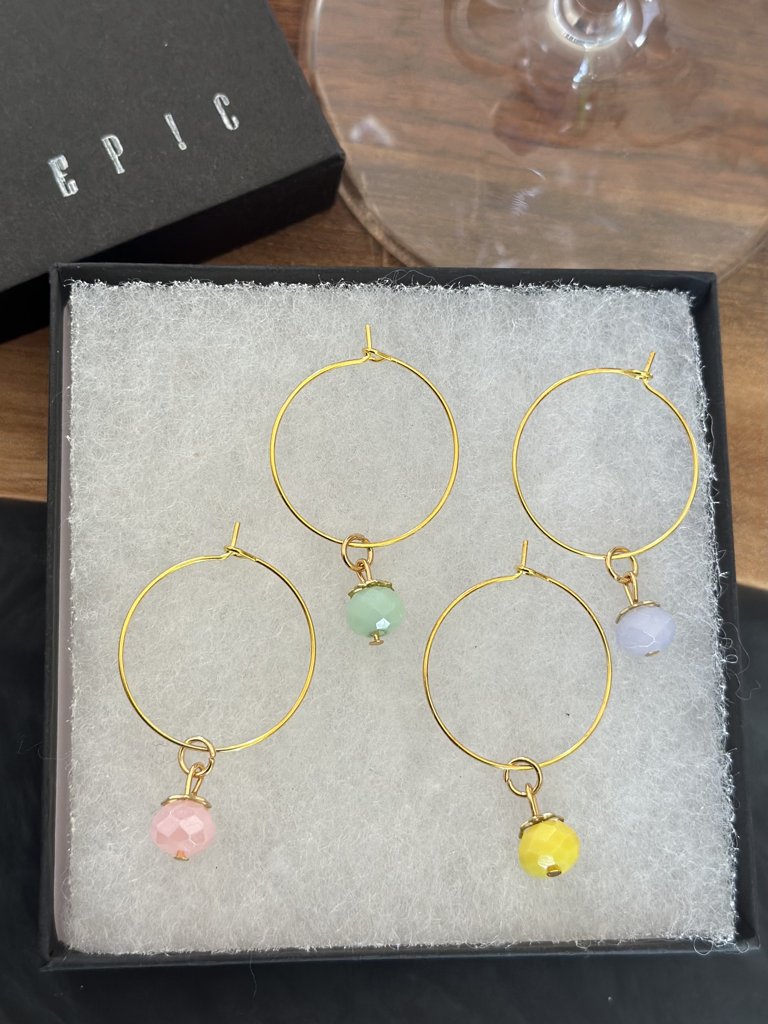 Elegant Set of 4 Pastel Crystal Wine Charms with Gold Accents