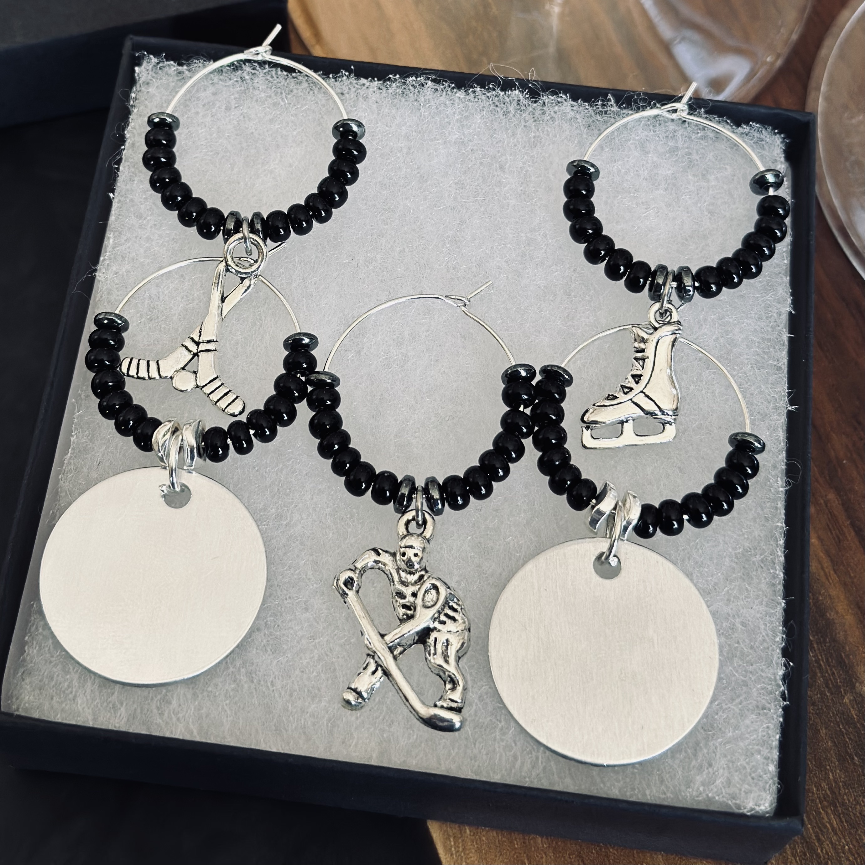 Set of 5 Hockey wine charms including 2 personalized pendants