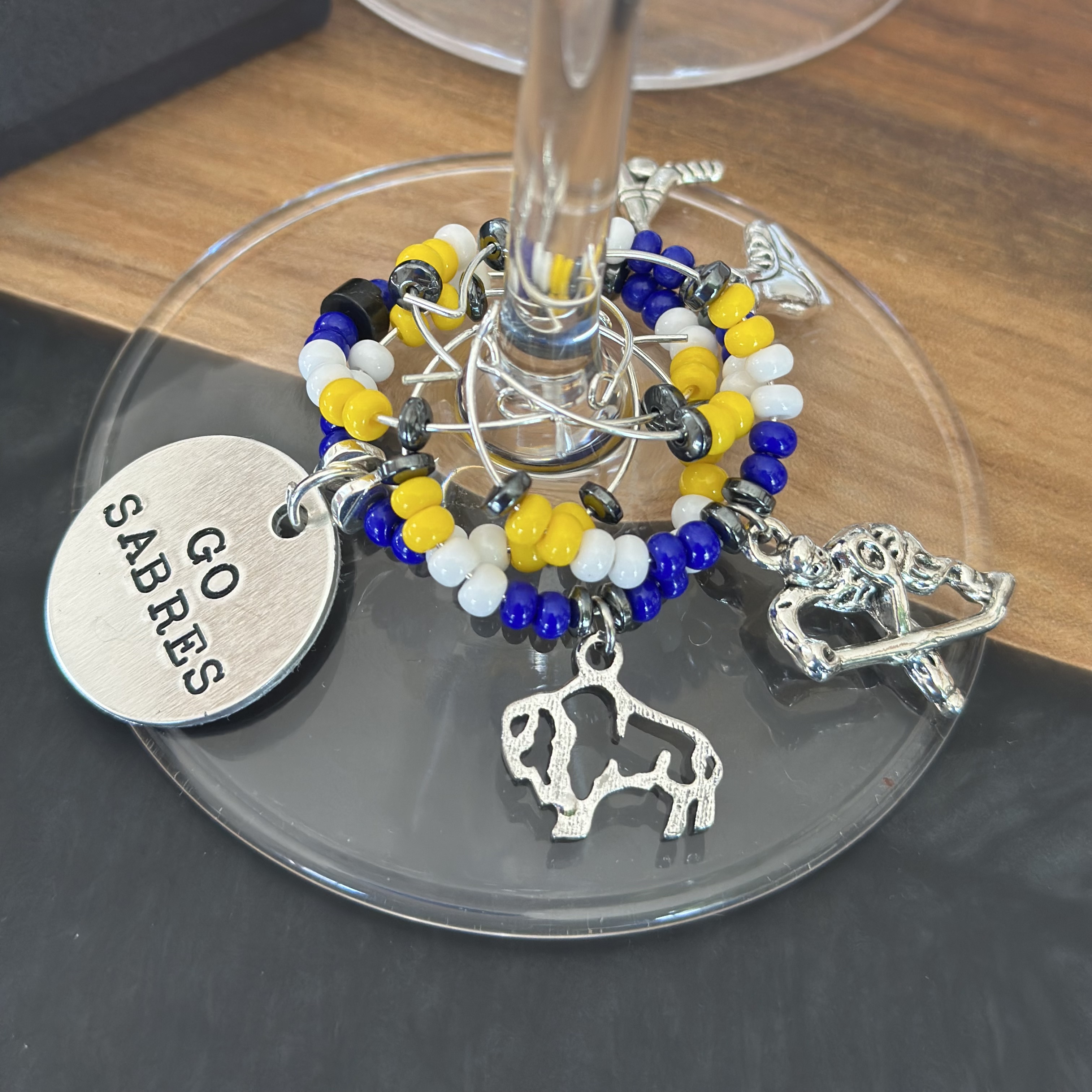Set of 5 Hockey wine charms including 2 personalized pendants