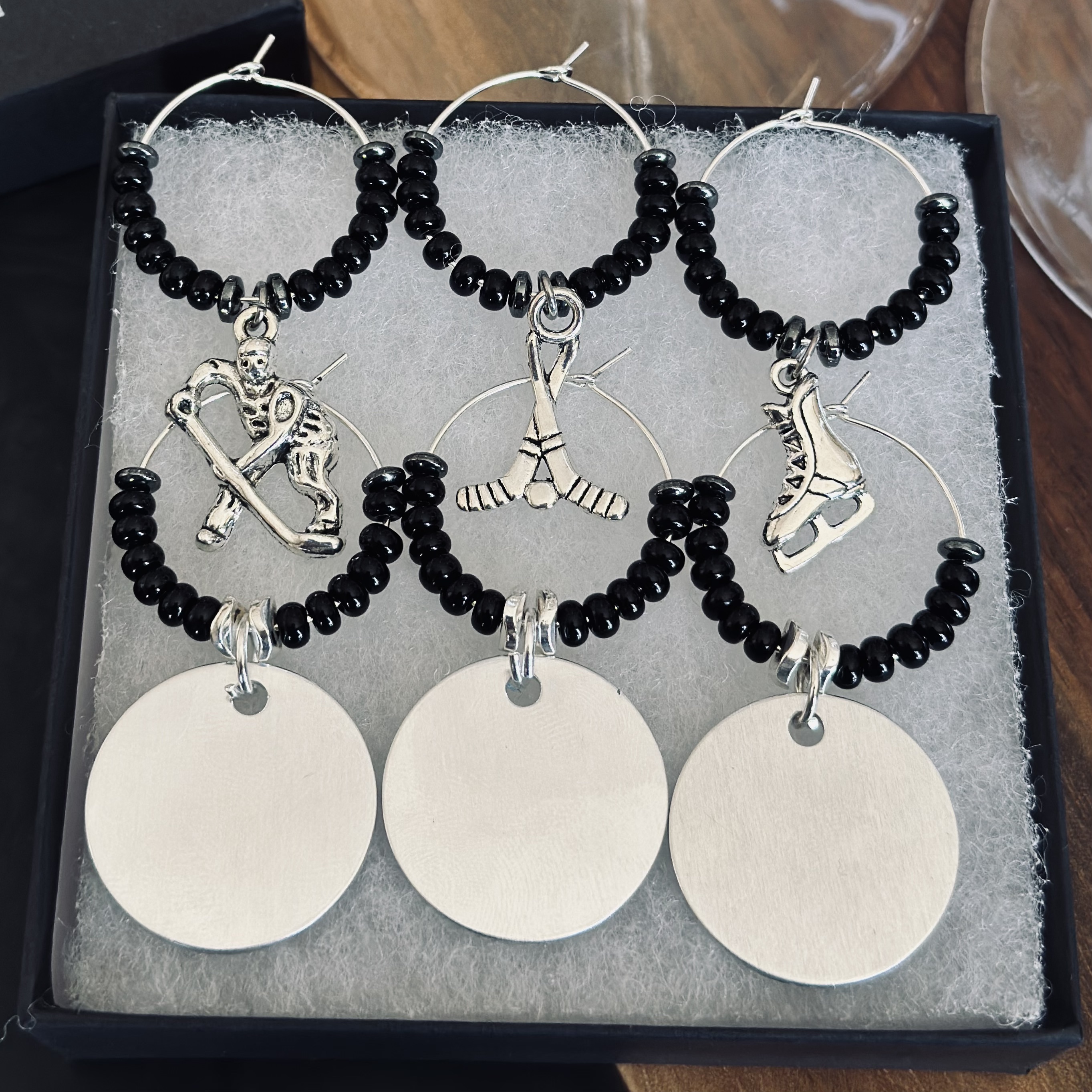 Set of 6 Hockey wine charms including 3 personalized pendants
