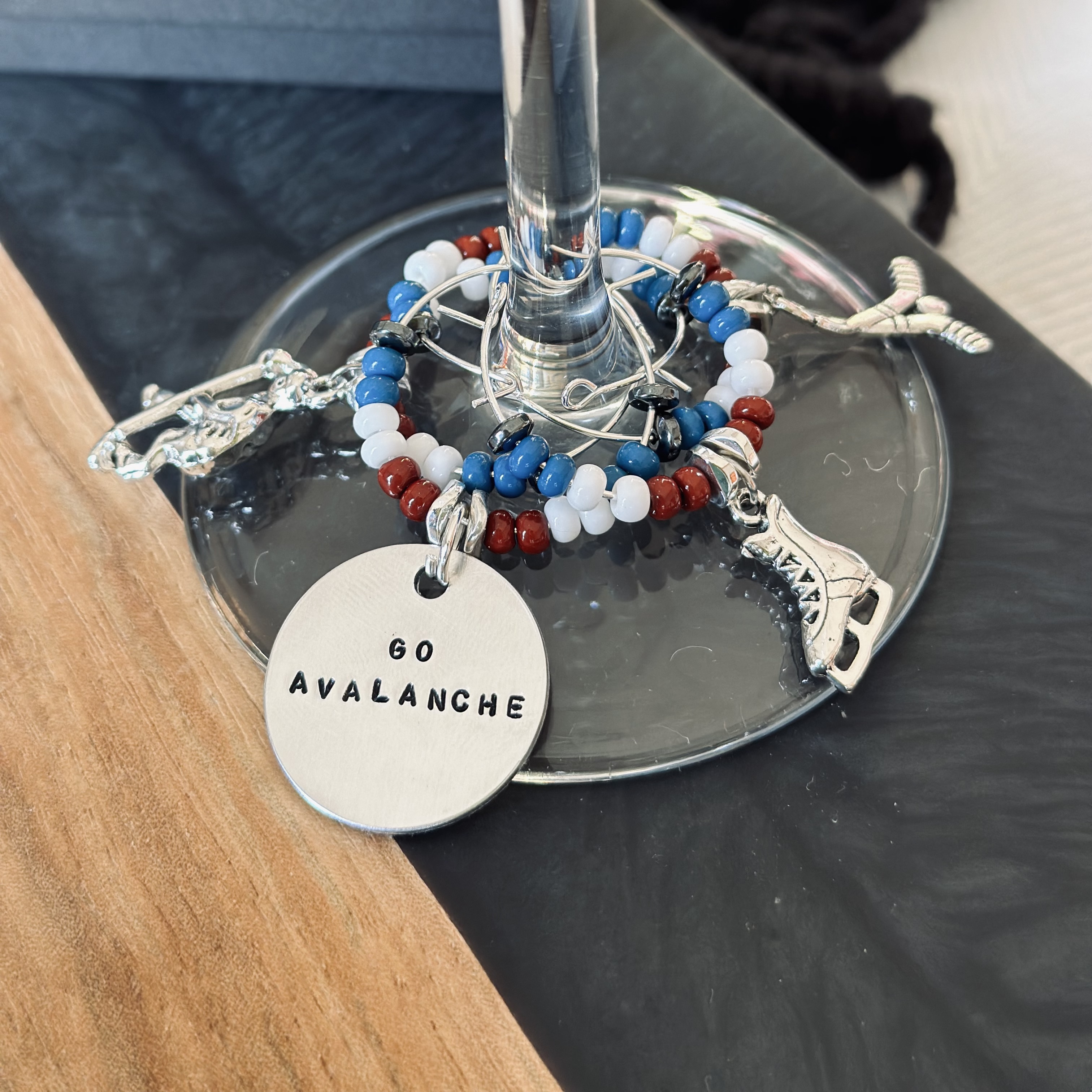 Set of 6 Hockey wine charms including 3 personalized pendants