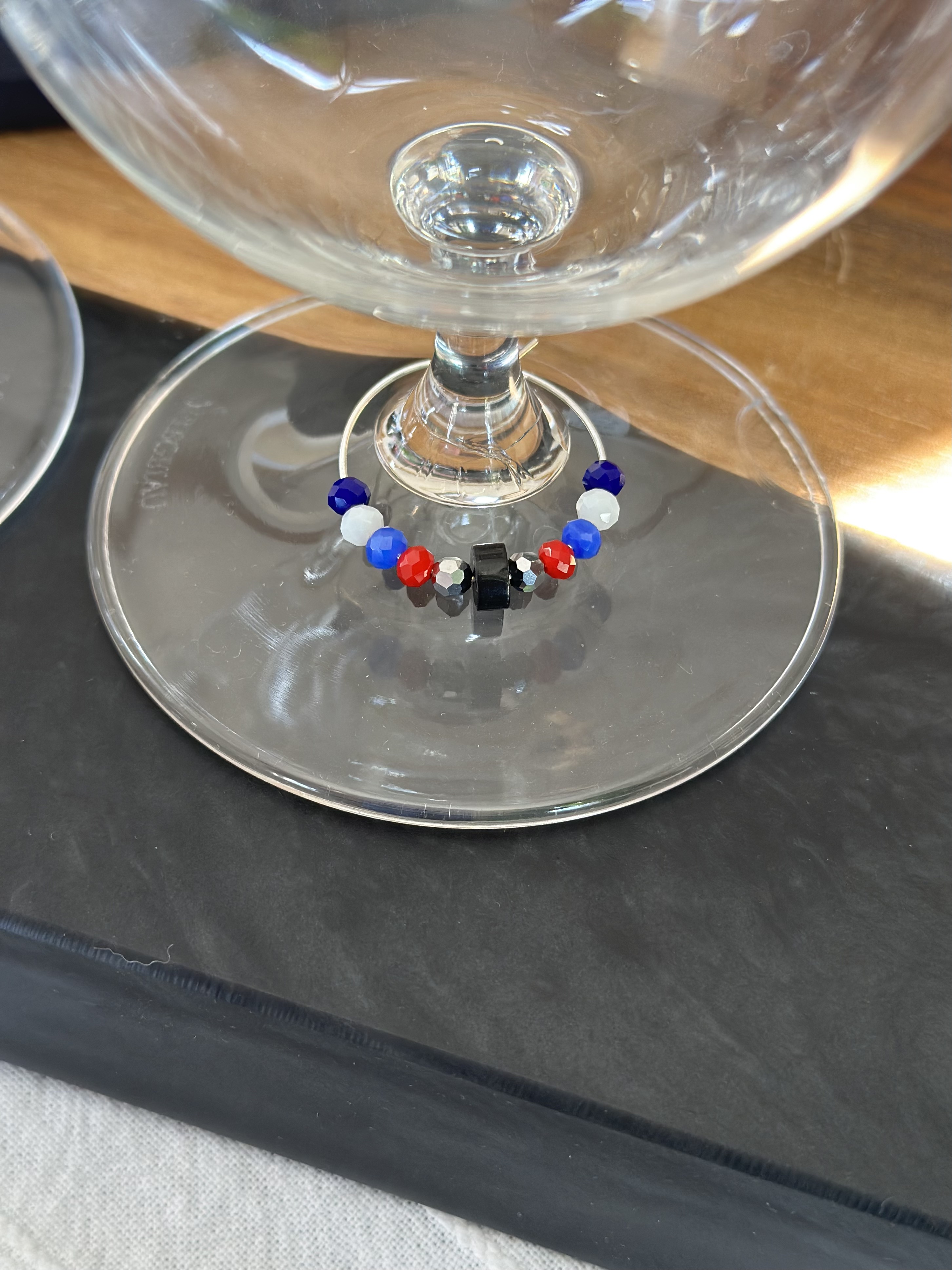 Set of 7 Hockey wine charms including 3 personalized pendants and our signature "puck" charm