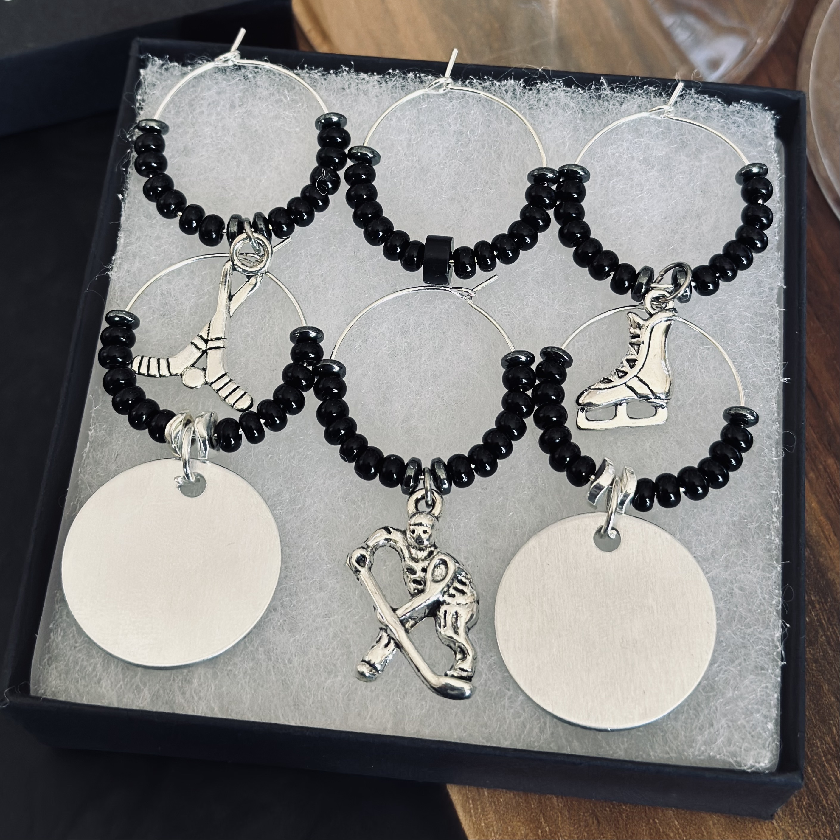 Set of 6 Hockey wine charms including 2 personalized pendants
