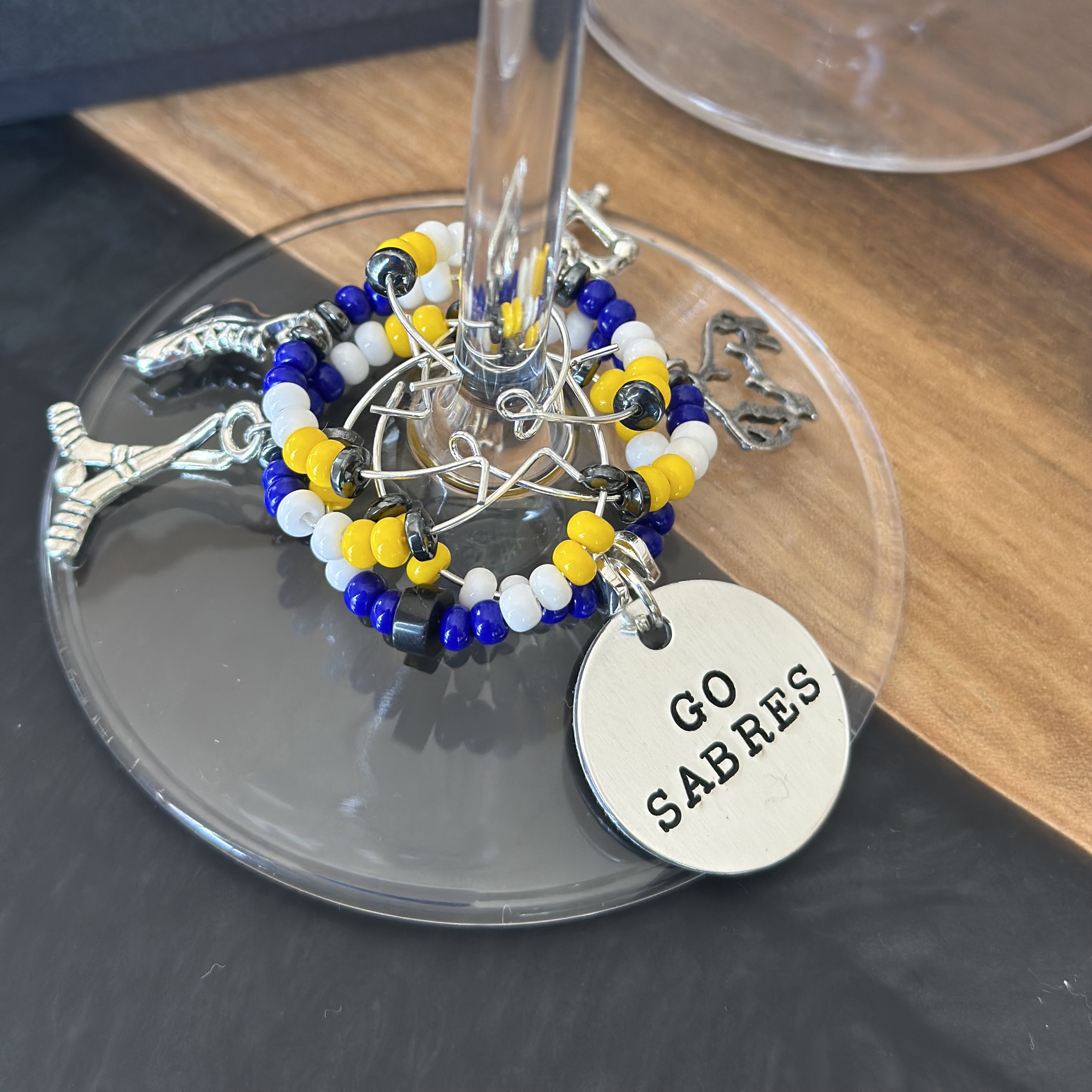 Set of 6 Hockey wine charms including 2 personalized pendants