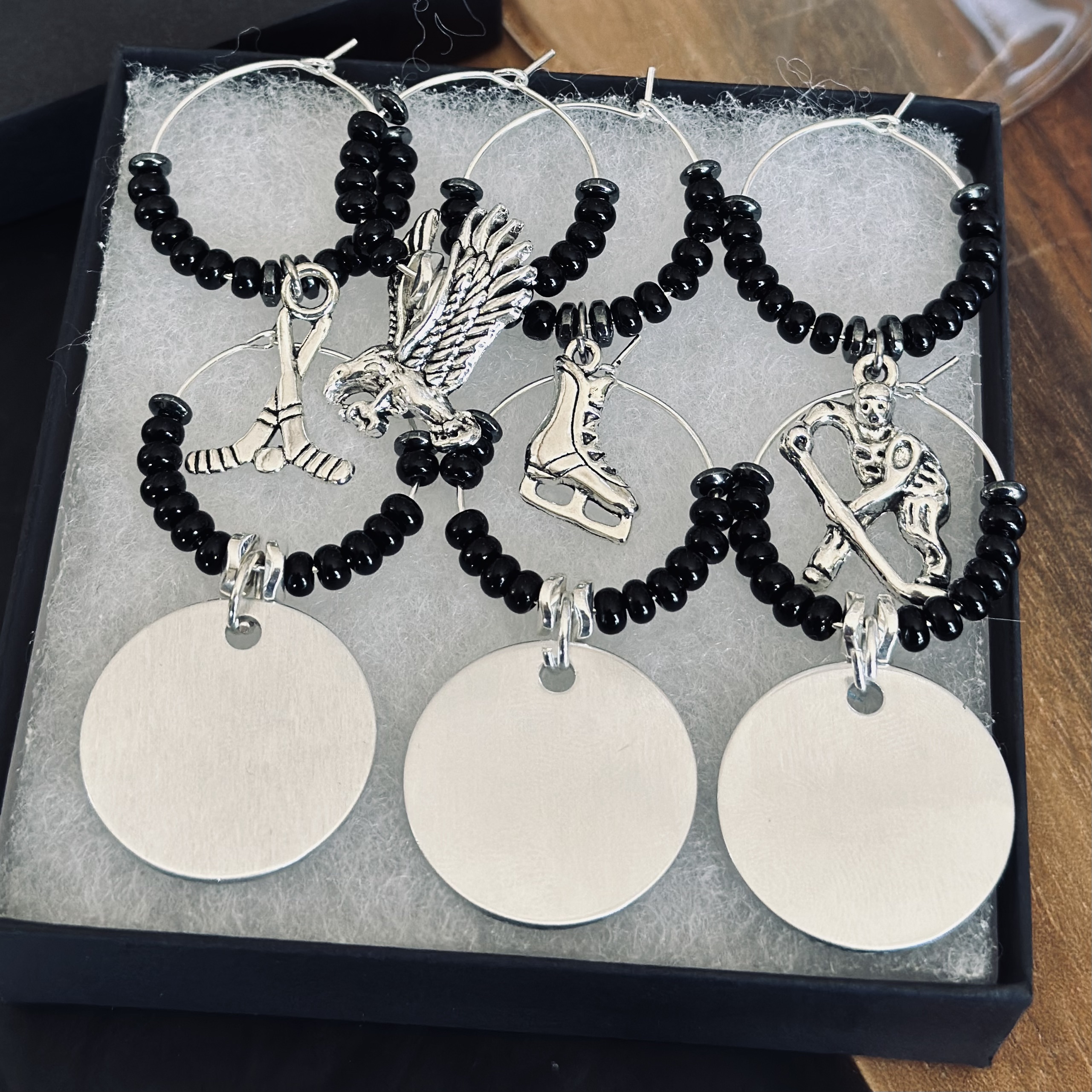 Set of 7 Hockey Wine Charms including 3 personalized pendants