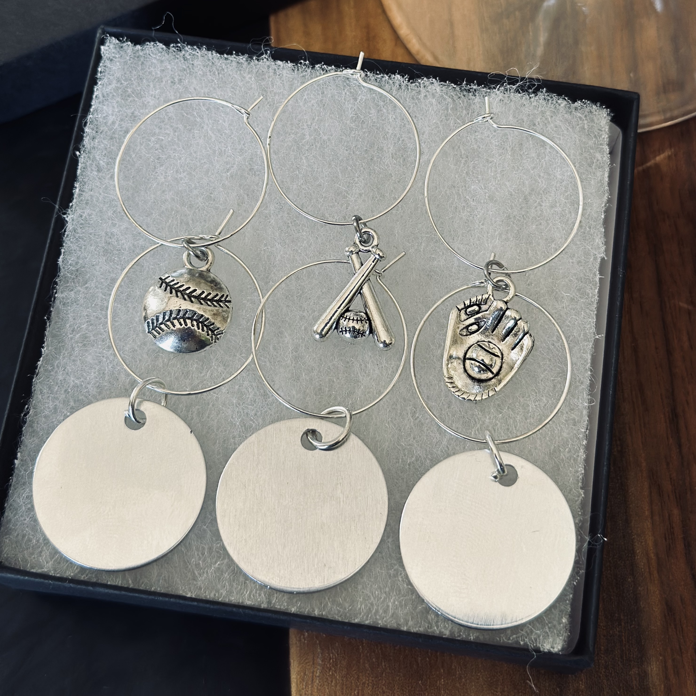 Set of 6 Baseball Wine Charms Including 3 Personalized Pendants