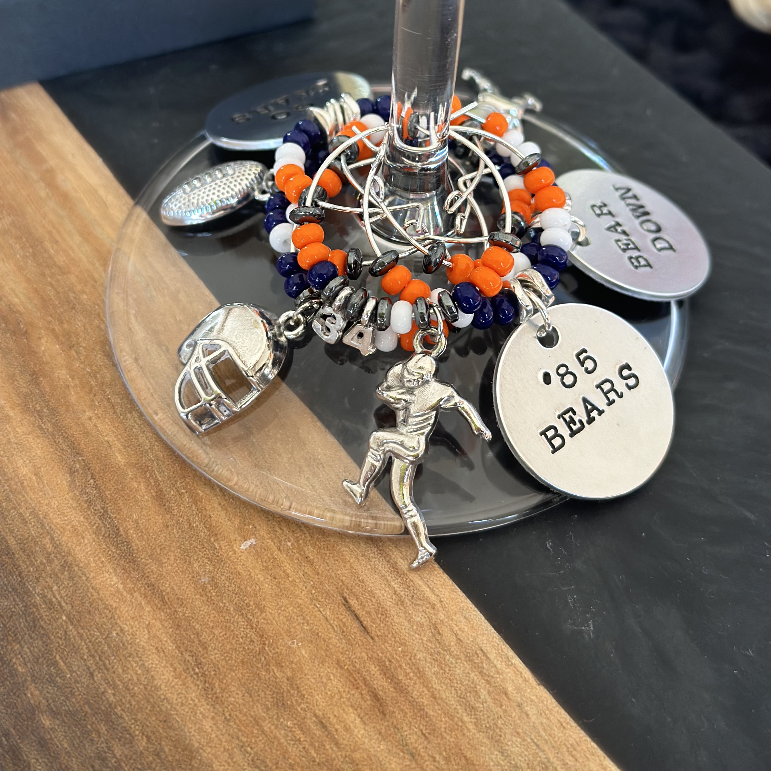 Set of 6 Football Wine Glass Charms Including 3 Personalized Pendants