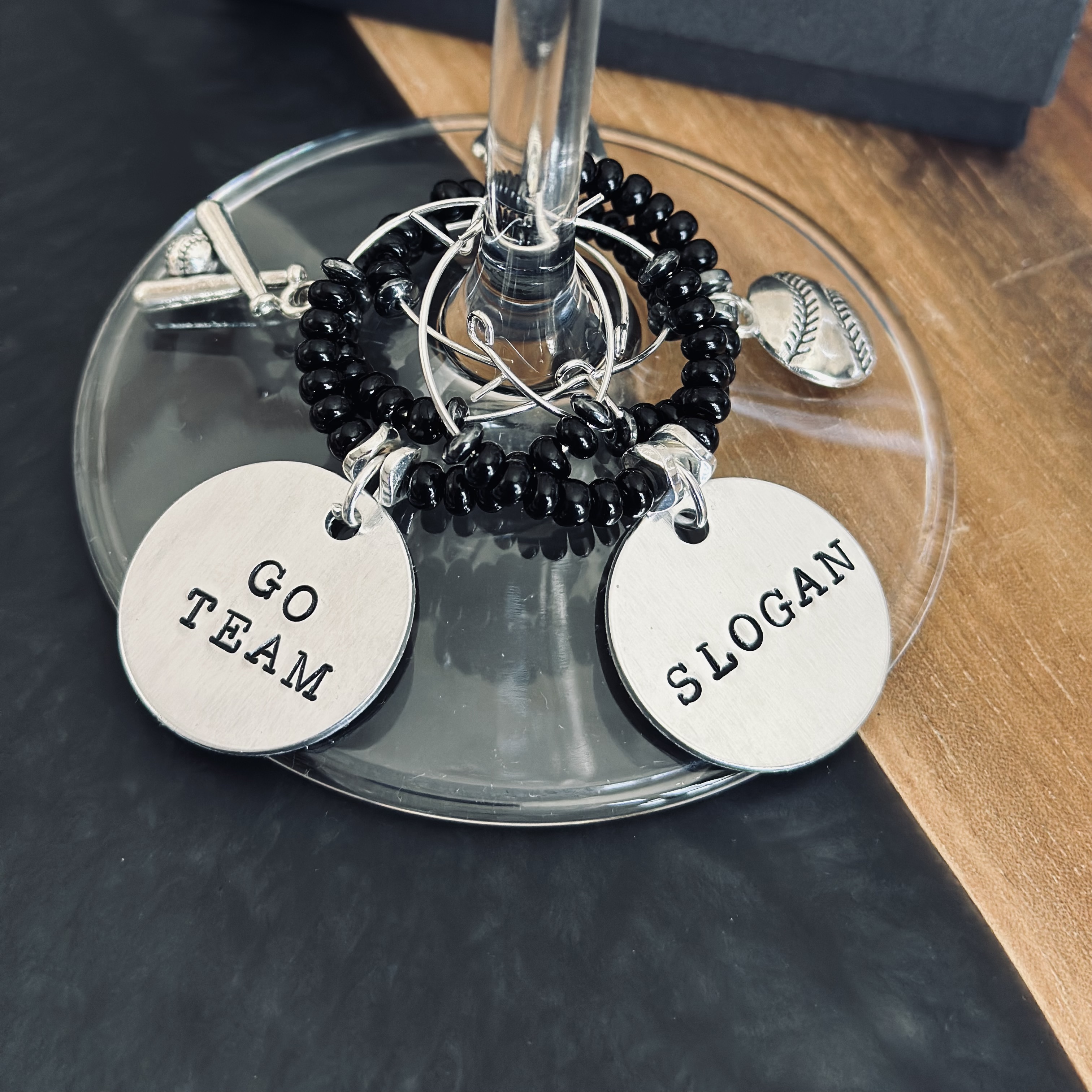 Set of 6 Baseball Wine Charms Including 3 Personalized Pendants