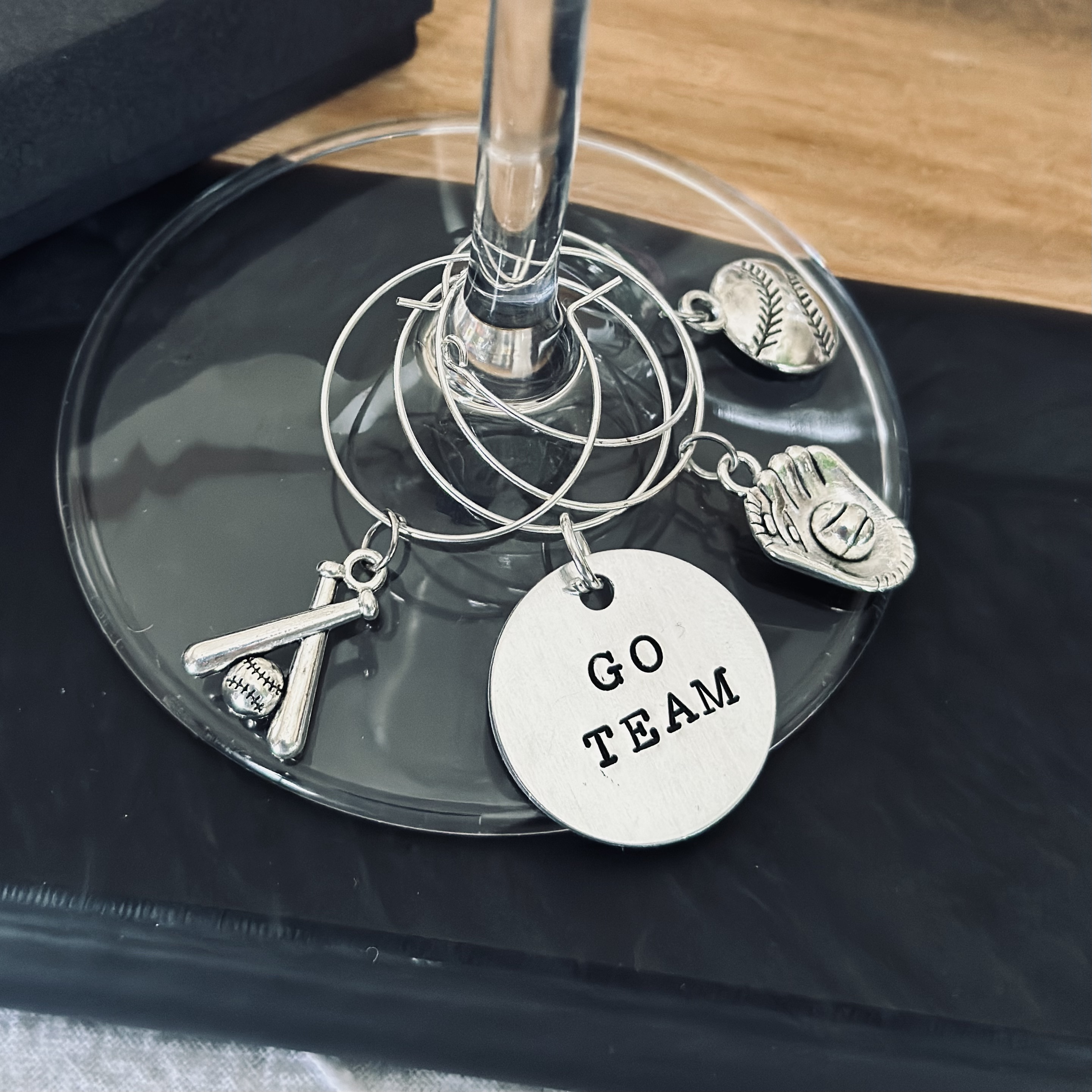 Set of 7 Baseball Wine Charms Including 3 personalized pendants