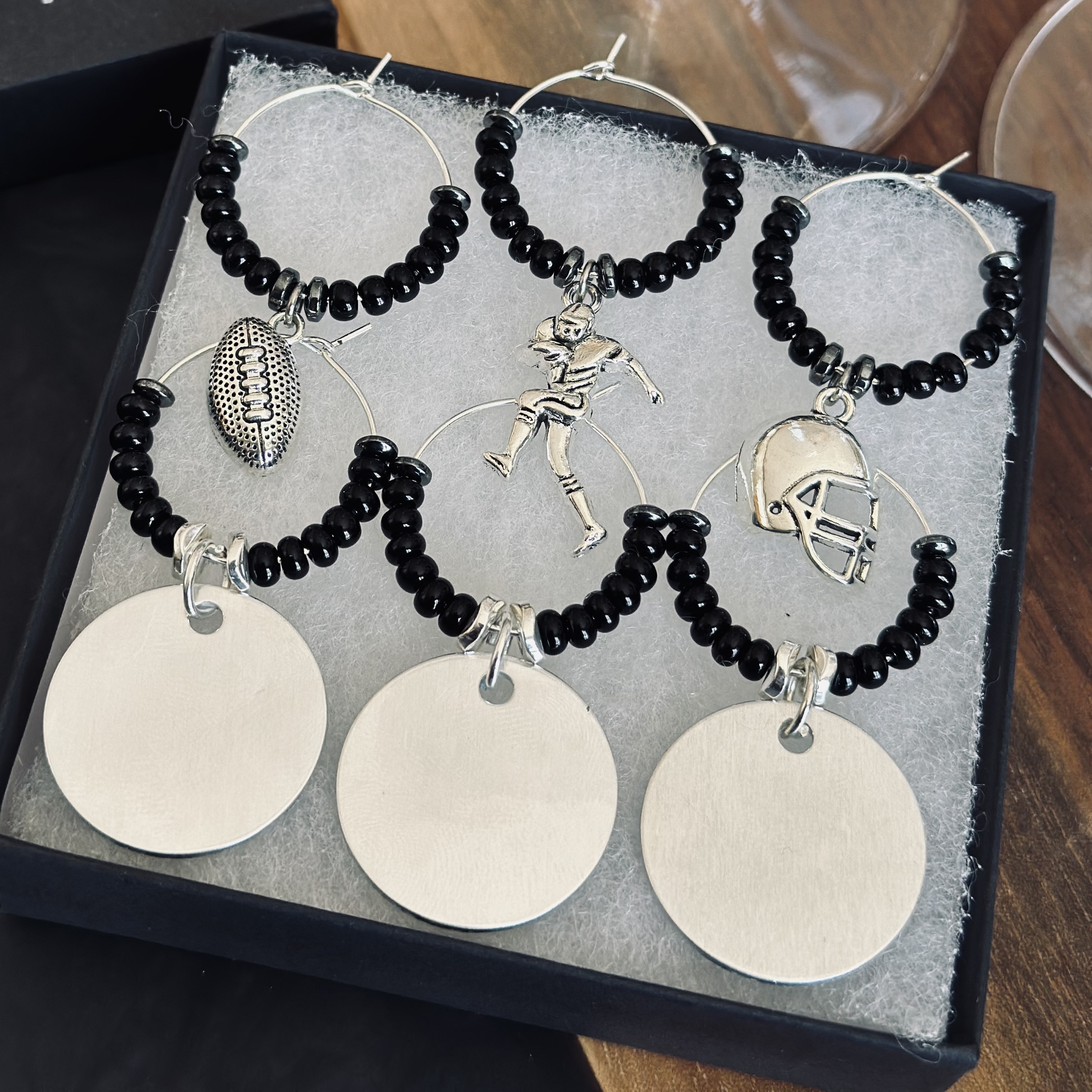 Set of 6 Football Wine Glass Charms Including 3 Personalized Pendants