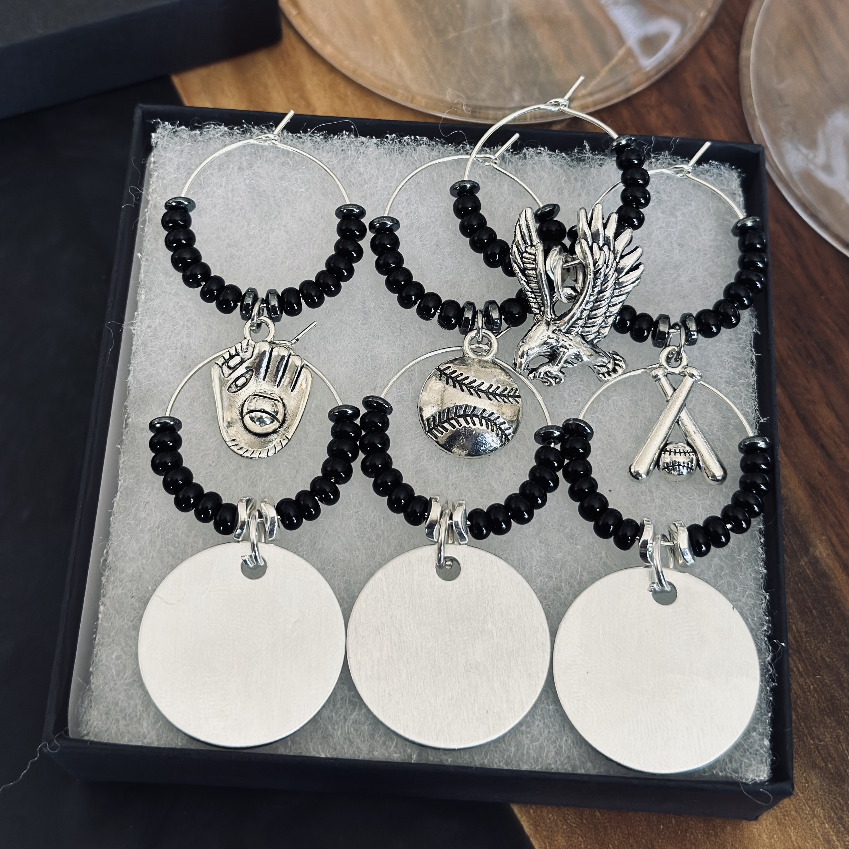 Set of 7 Baseball Wine Charms Including 3 personalized pendants