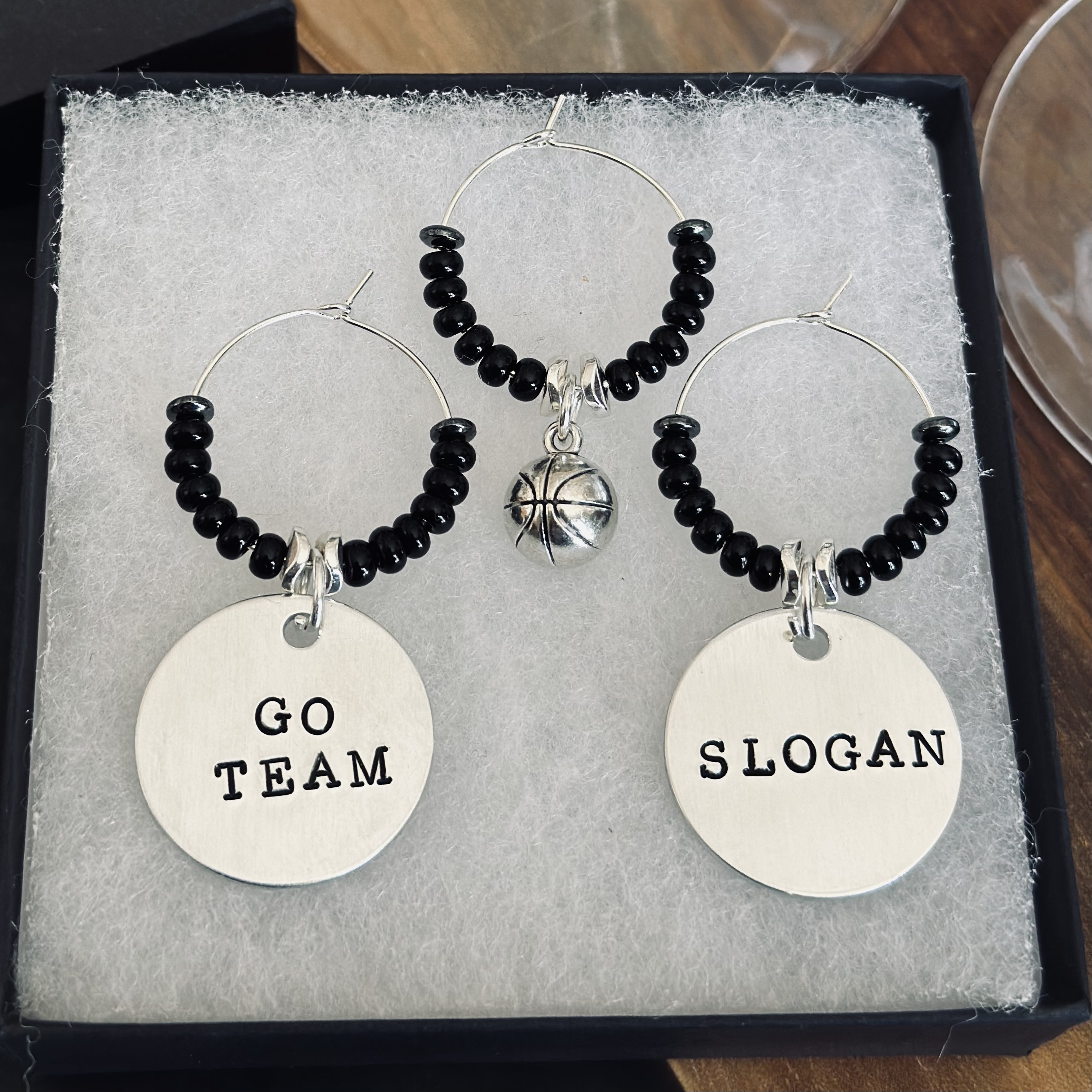 Set of 3 Basketball Wine Charms Including 2 Personalized Pendants