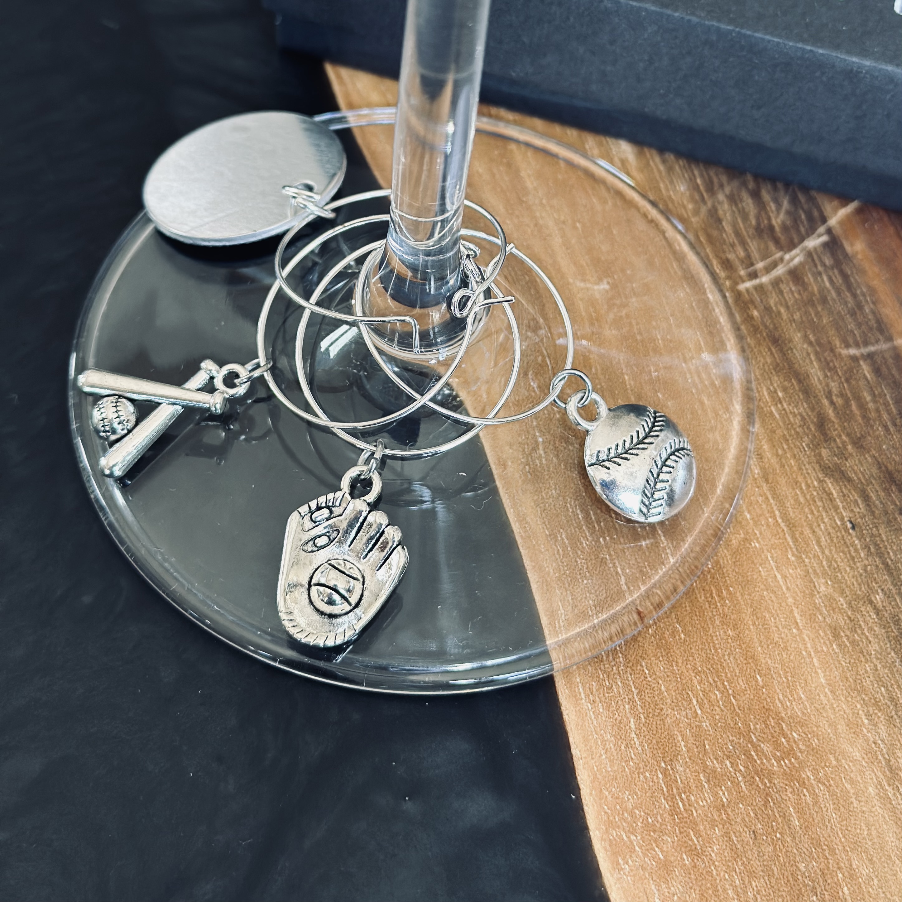 Set of 4 Baseball Themed Wine Glass Charms Including 1 Personalized Pendant