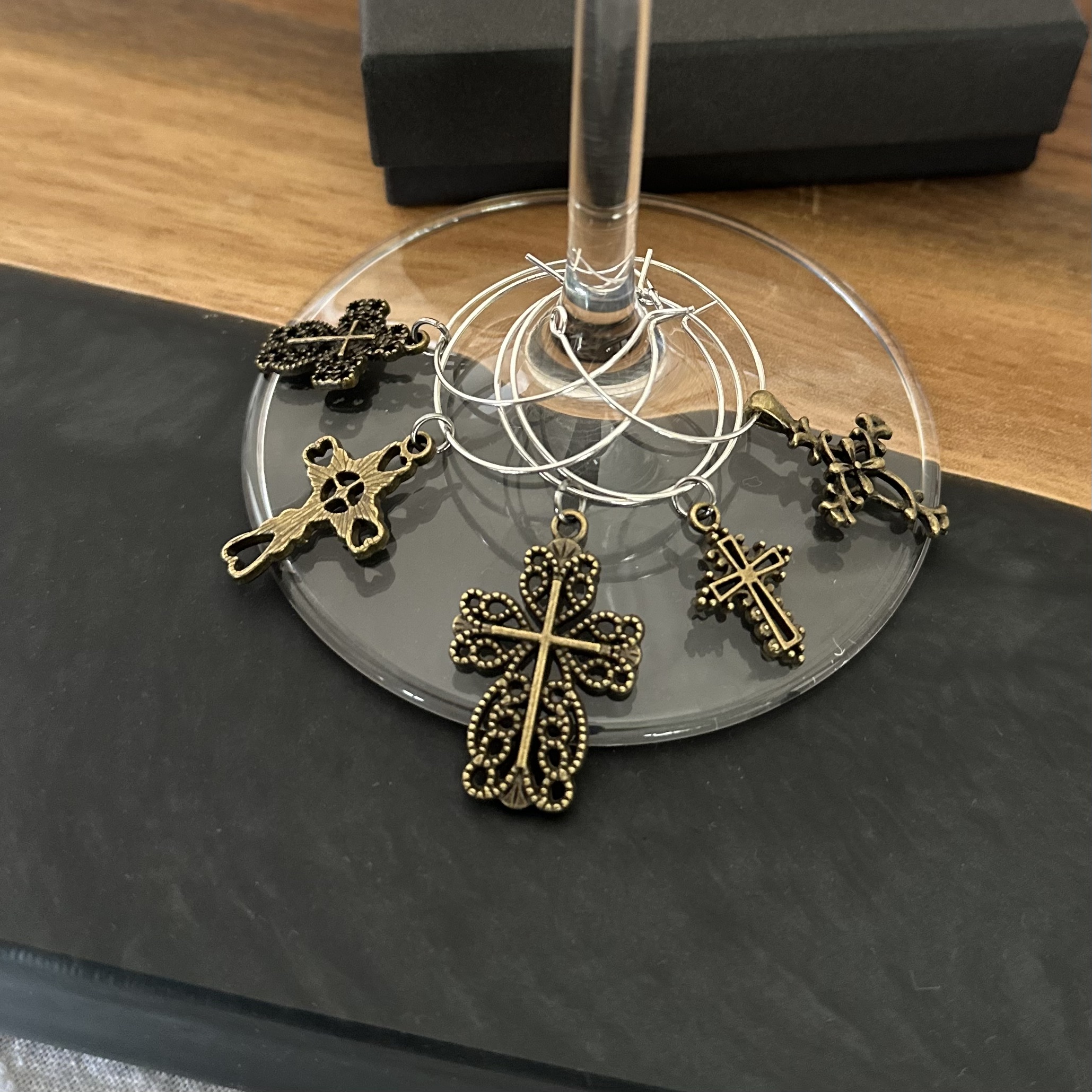 Antique Bronze Crosses Set of 5 Wine Charms
