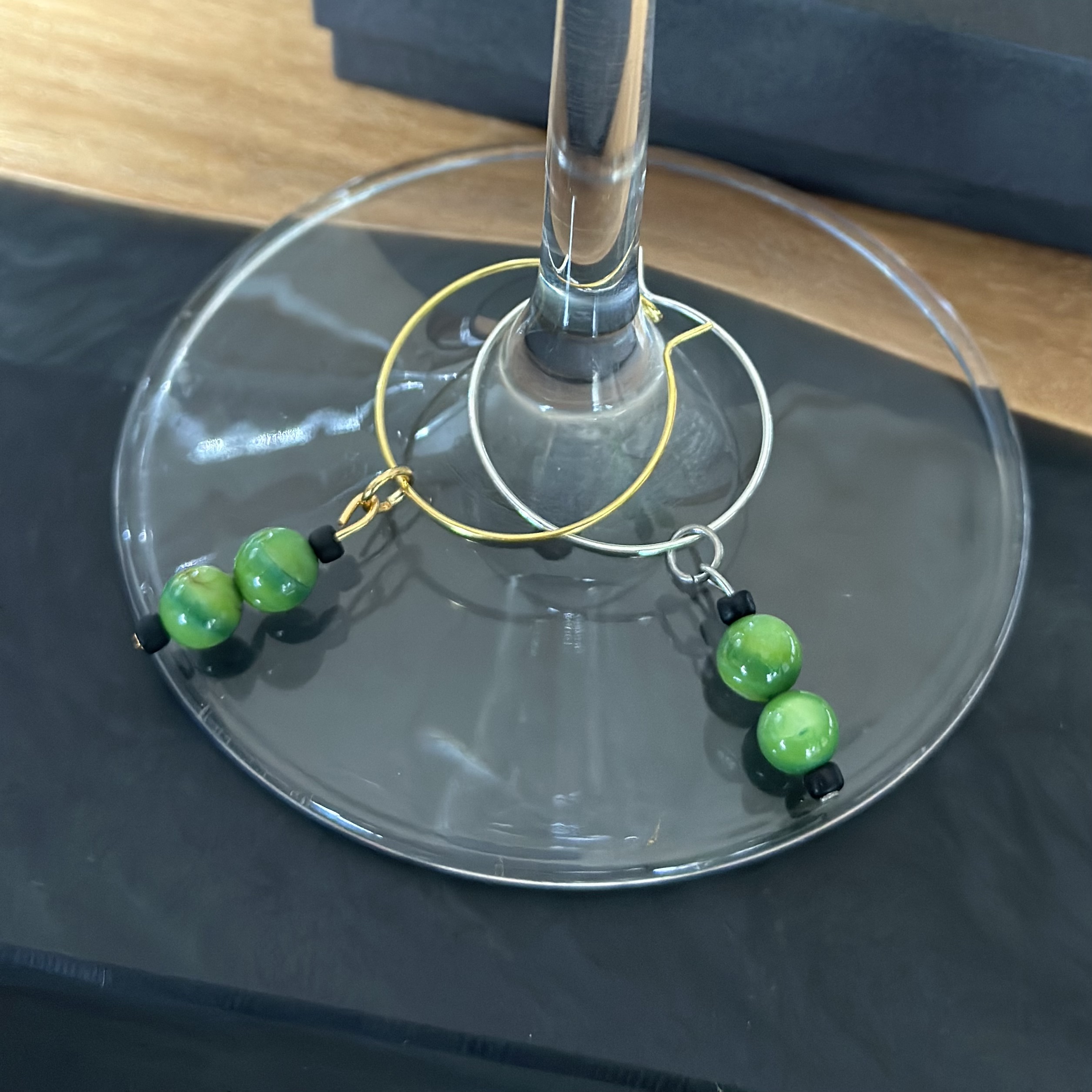 Medium Green Shell Wine Glass Charm called "Two Peas in a Pod"