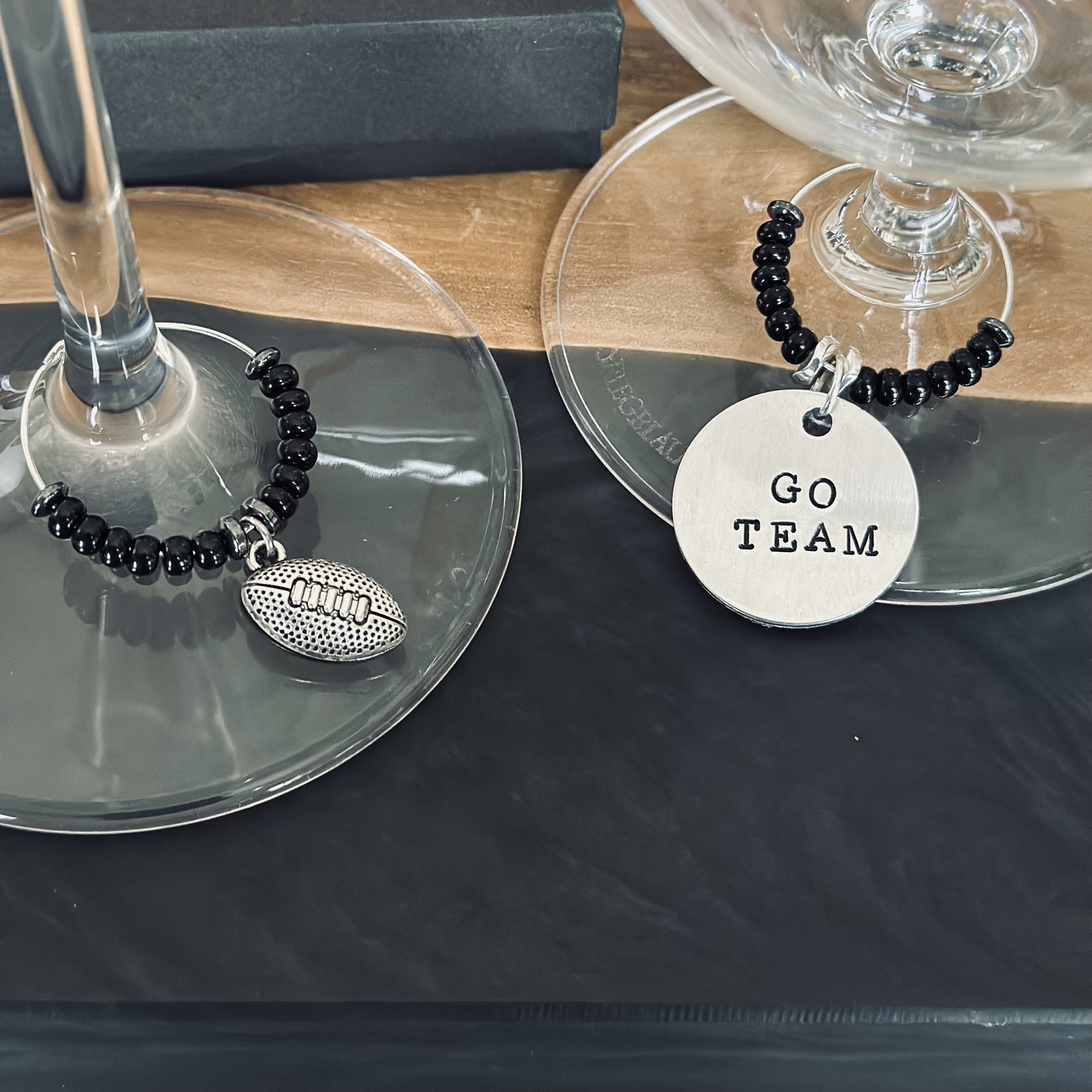 Set of 4 Football Wine Charms Including 1 Personalized Pendant