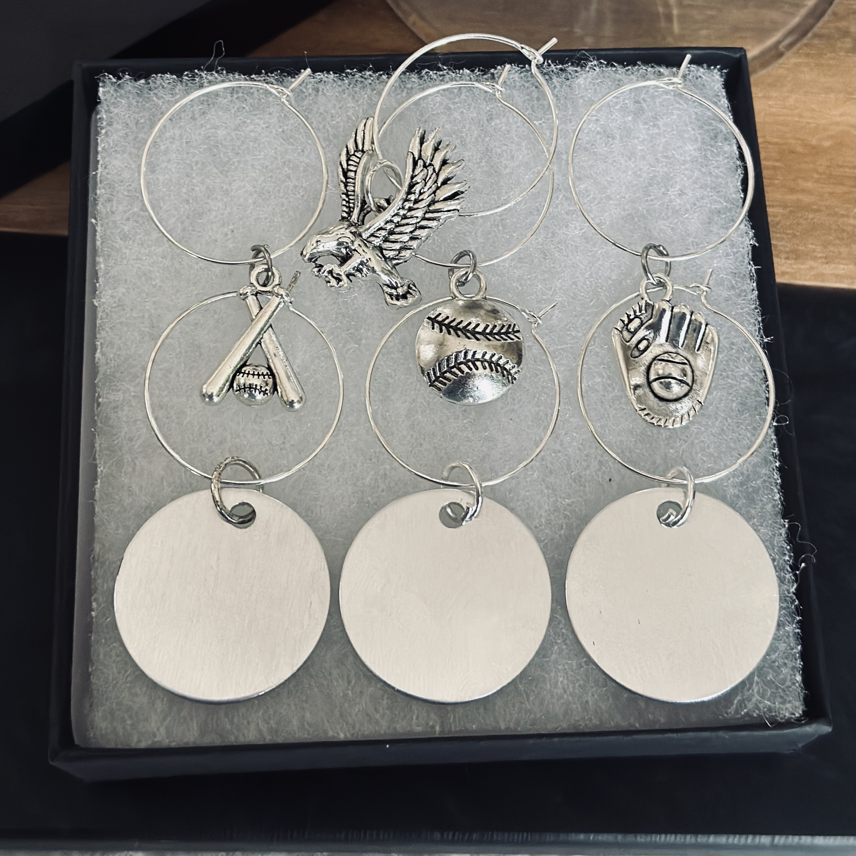 Set of 7 Baseball Wine Charms Including 3 personalized pendants
