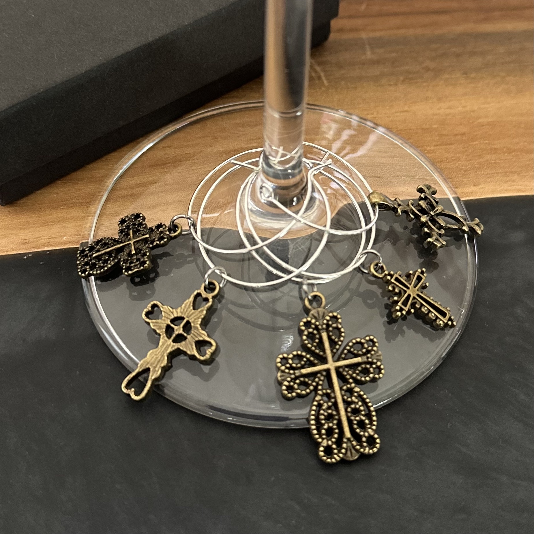 Antique Bronze Crosses Set of 5 Wine Charms