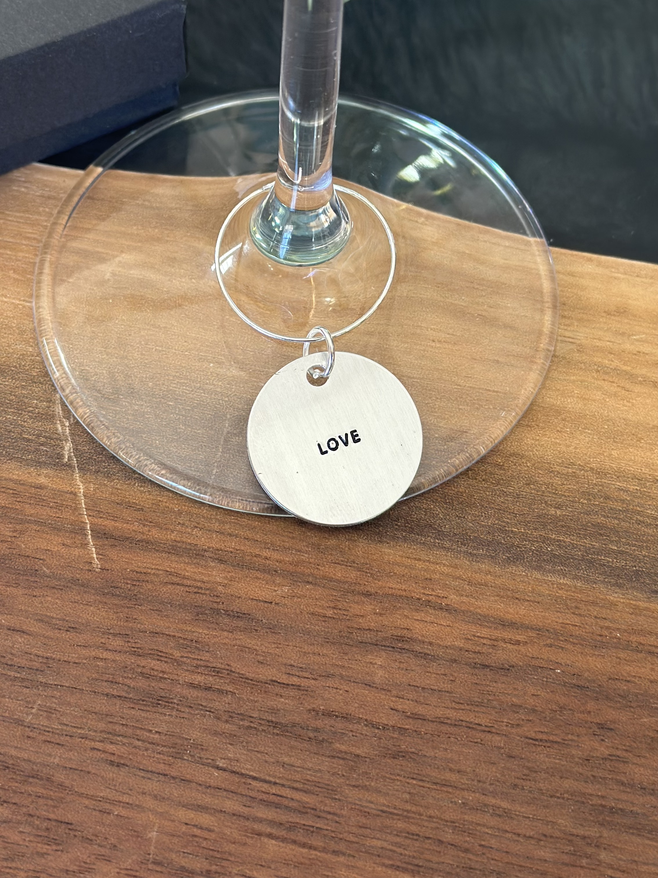 Hand stamped LOVE Pendant, Wine Charm, or Necklace