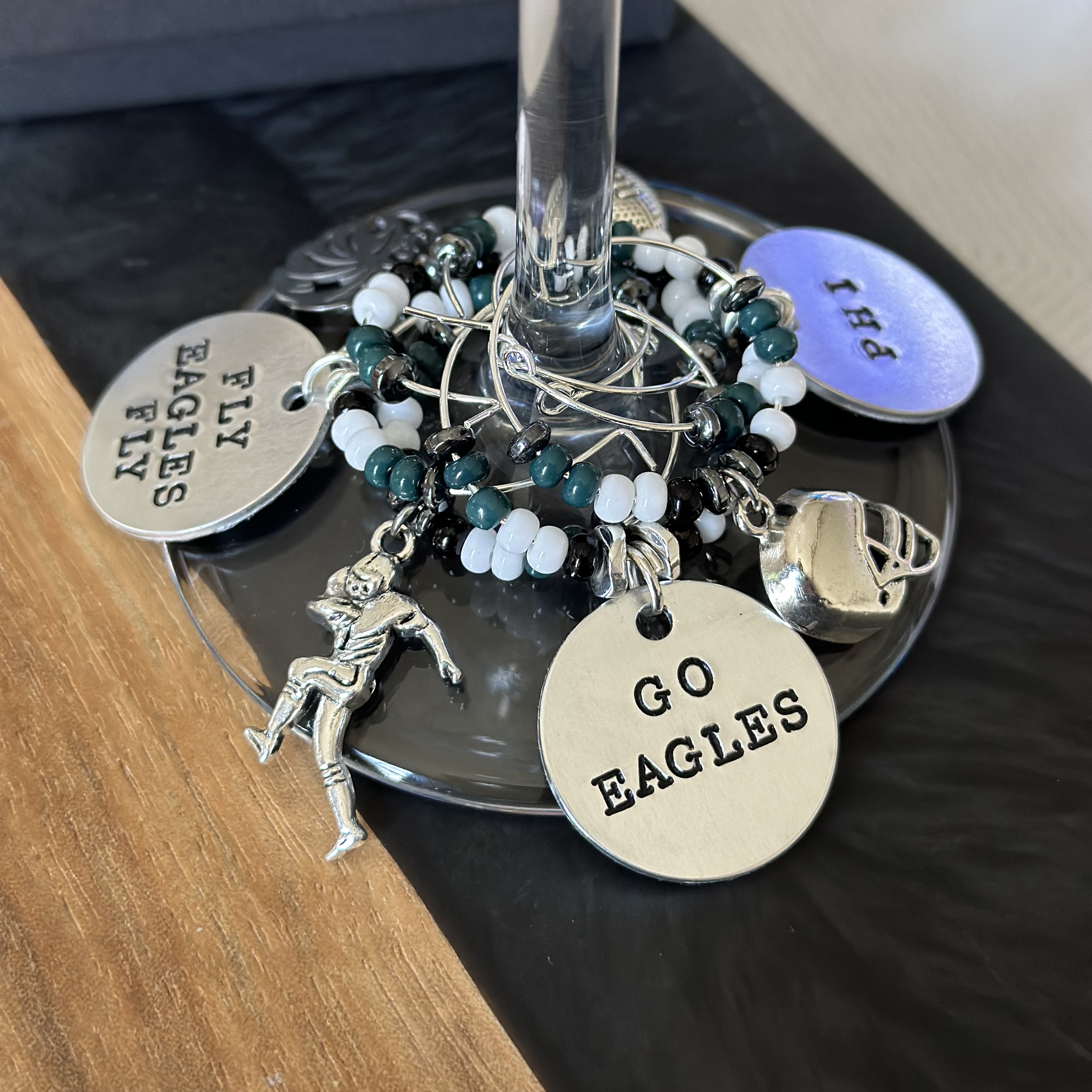 Set of 6 Football Wine Glass Charms Including 3 Personalized Pendants