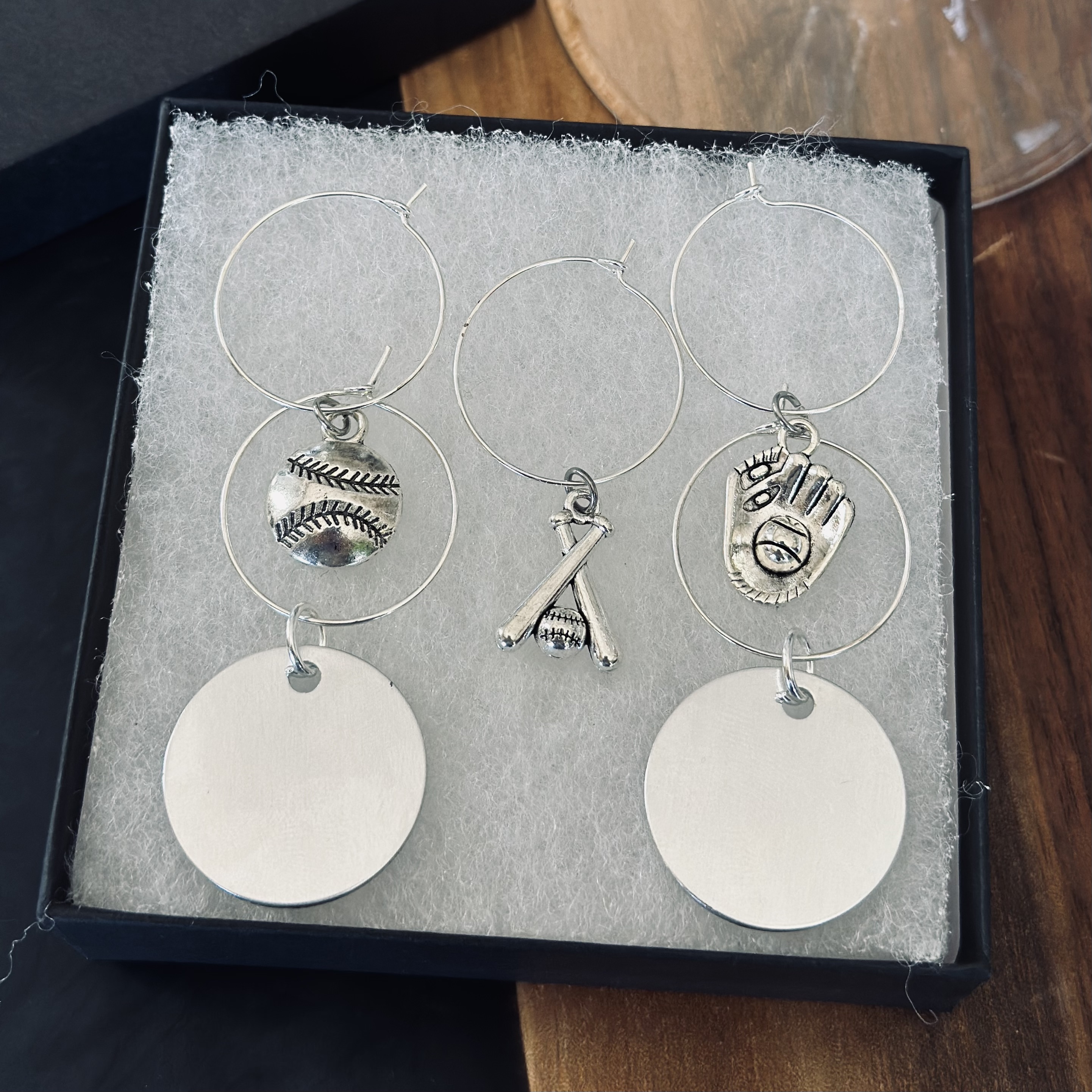 Set of 5 Baseball Wine Charms Including 2 Personalized Pendants