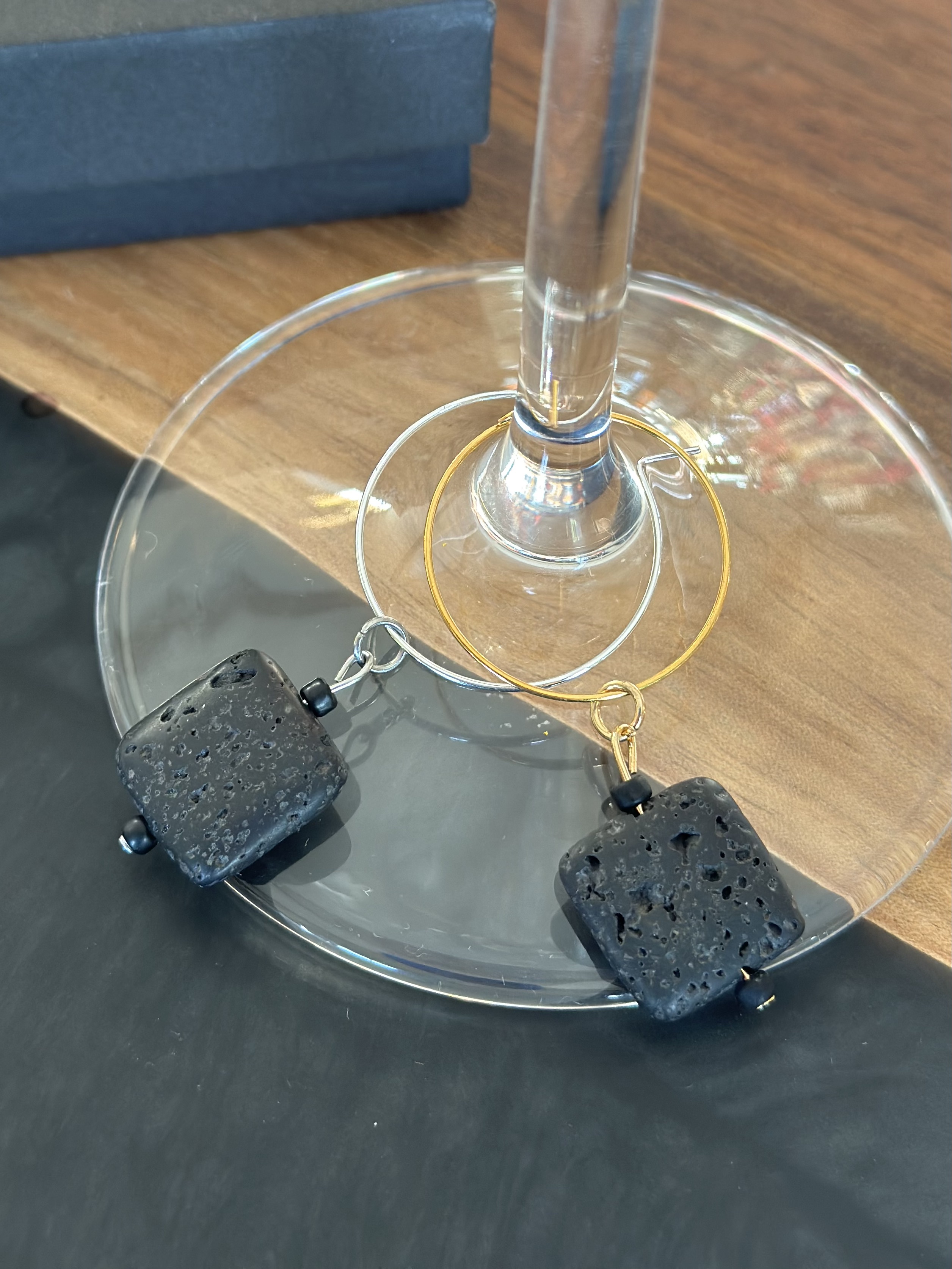 Elegant Black Lava Stone Wine Charm called "So Squarey"
