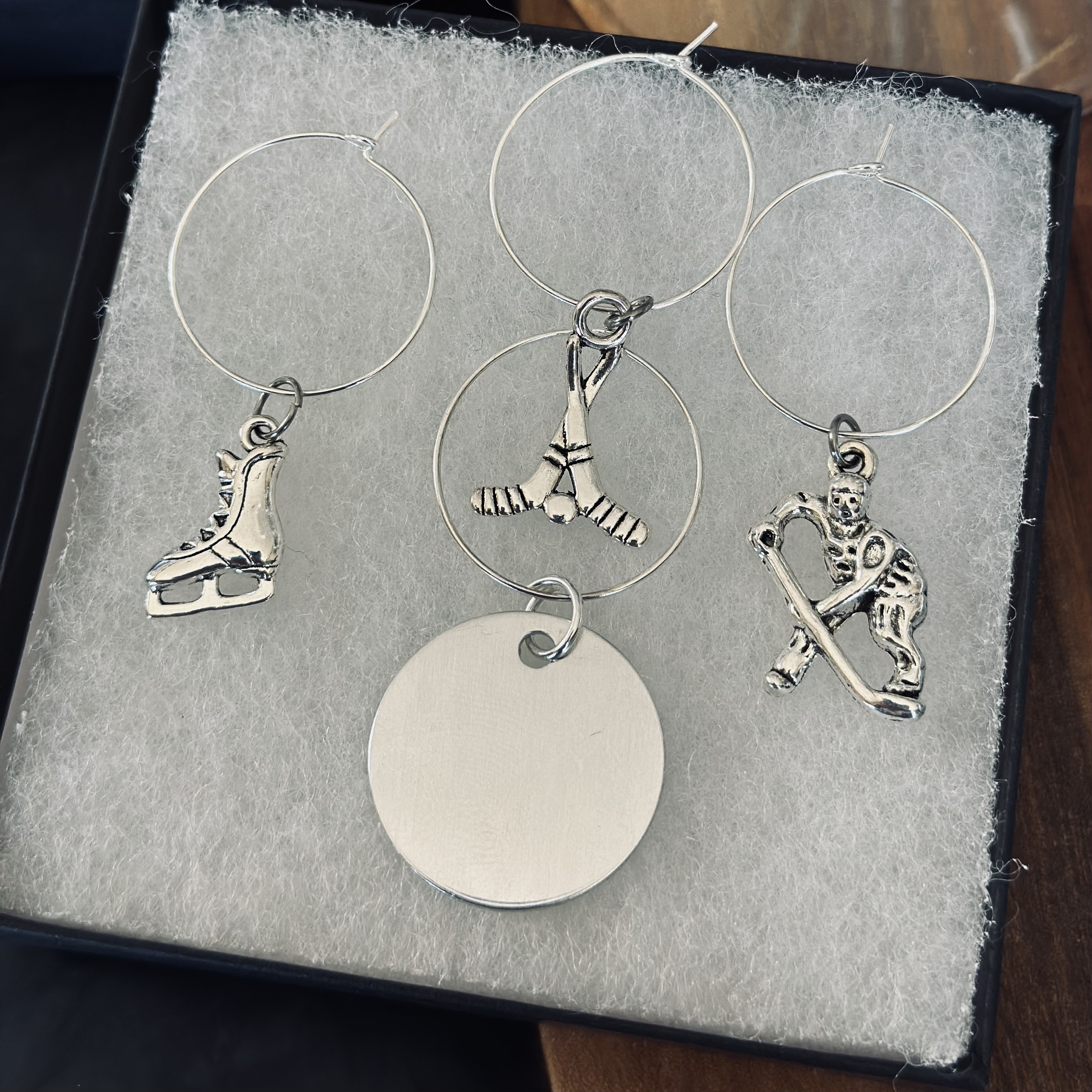 Set of 4 Hockey wine charms including 1 personalized pendant