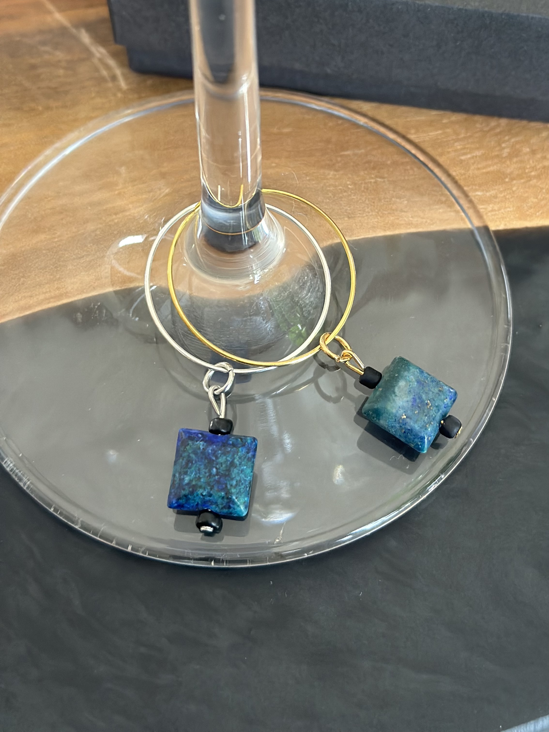 Green, Blue and Teal Chrysocolla Wine Glass Charm called "Chic Chiclet"