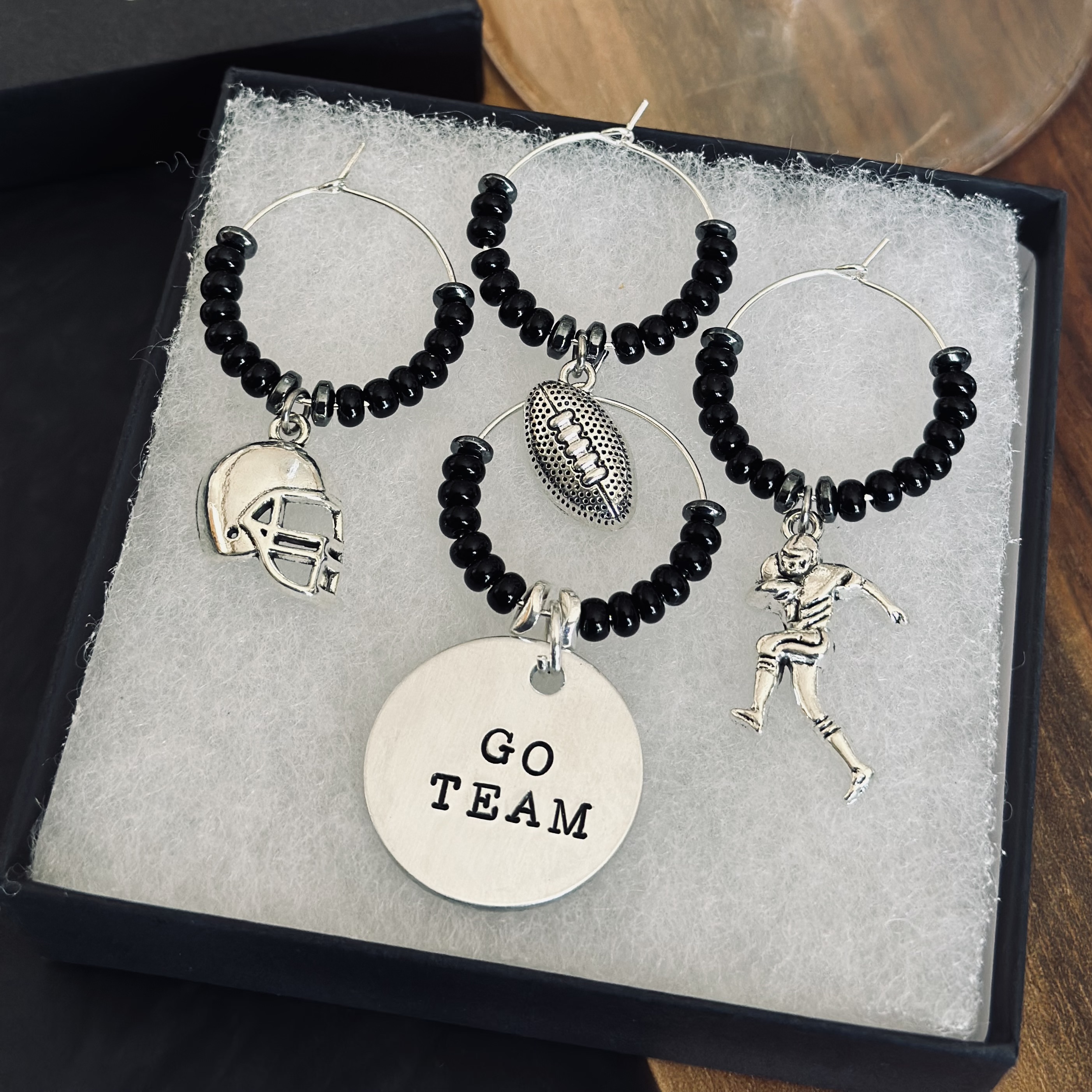 Set of 4 Football Wine Charms Including 1 Personalized Pendant
