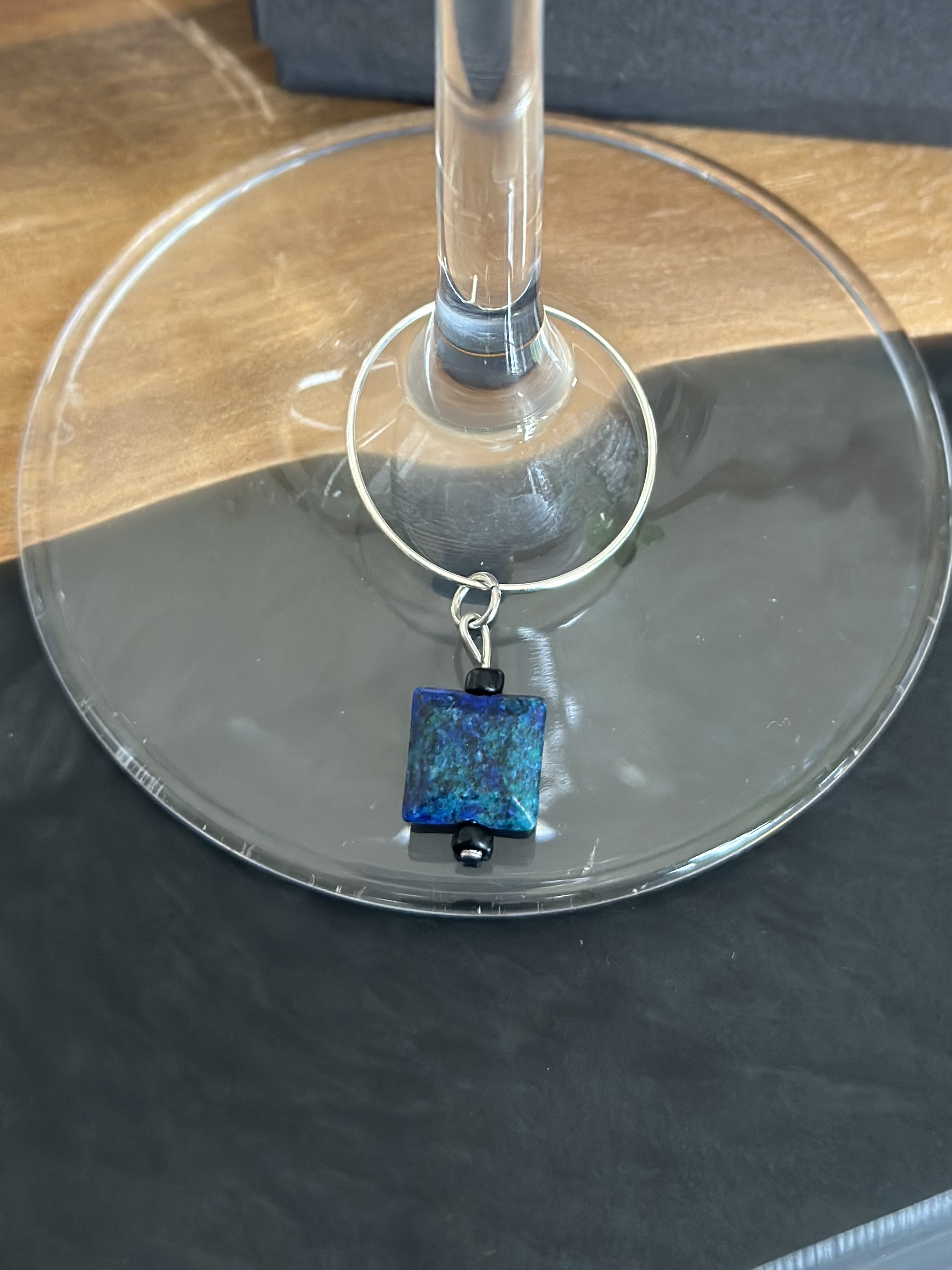 Green, Blue and Teal Chrysocolla Wine Glass Charm called "Chic Chiclet"