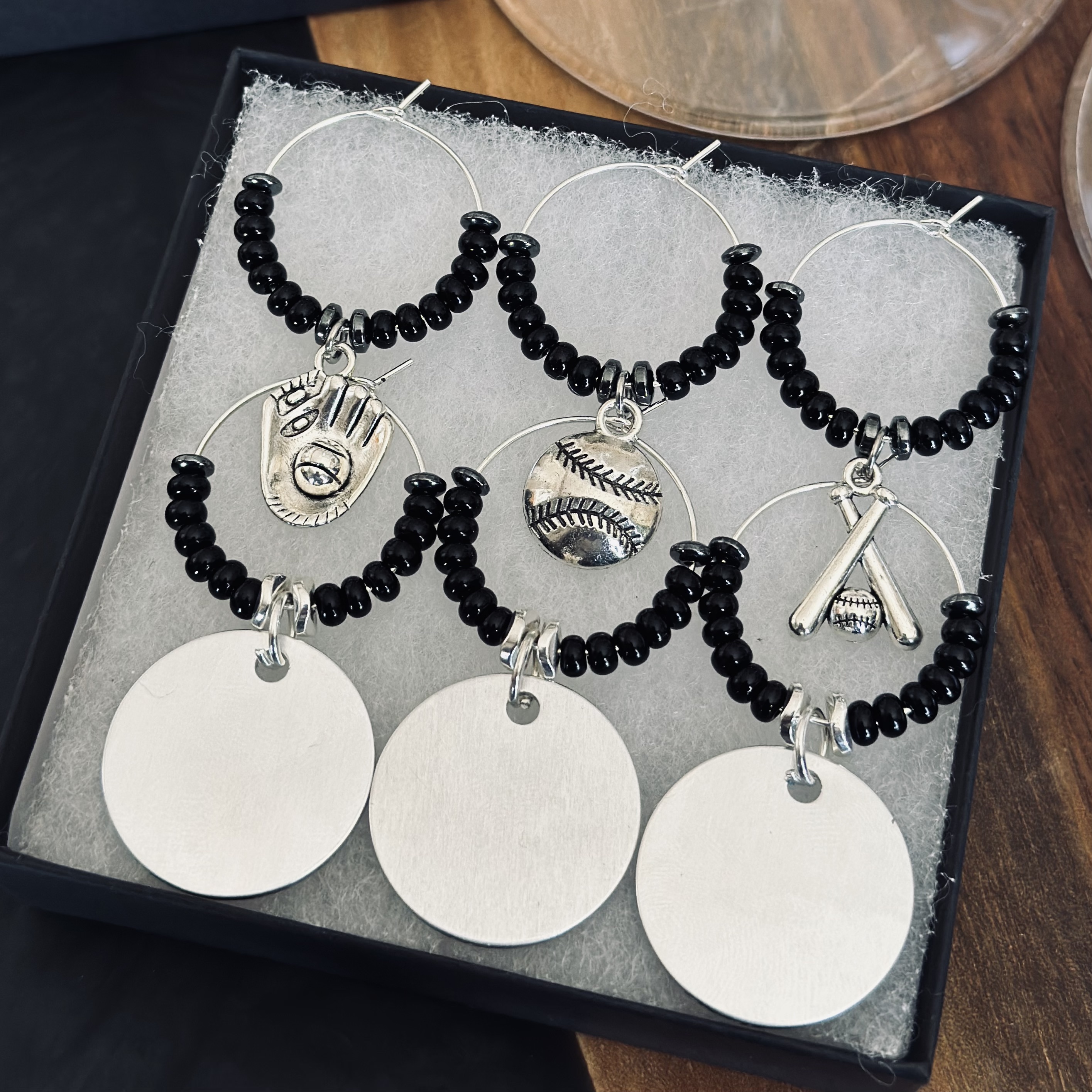 Set of 6 Baseball Wine Charms Including 3 Personalized Pendants