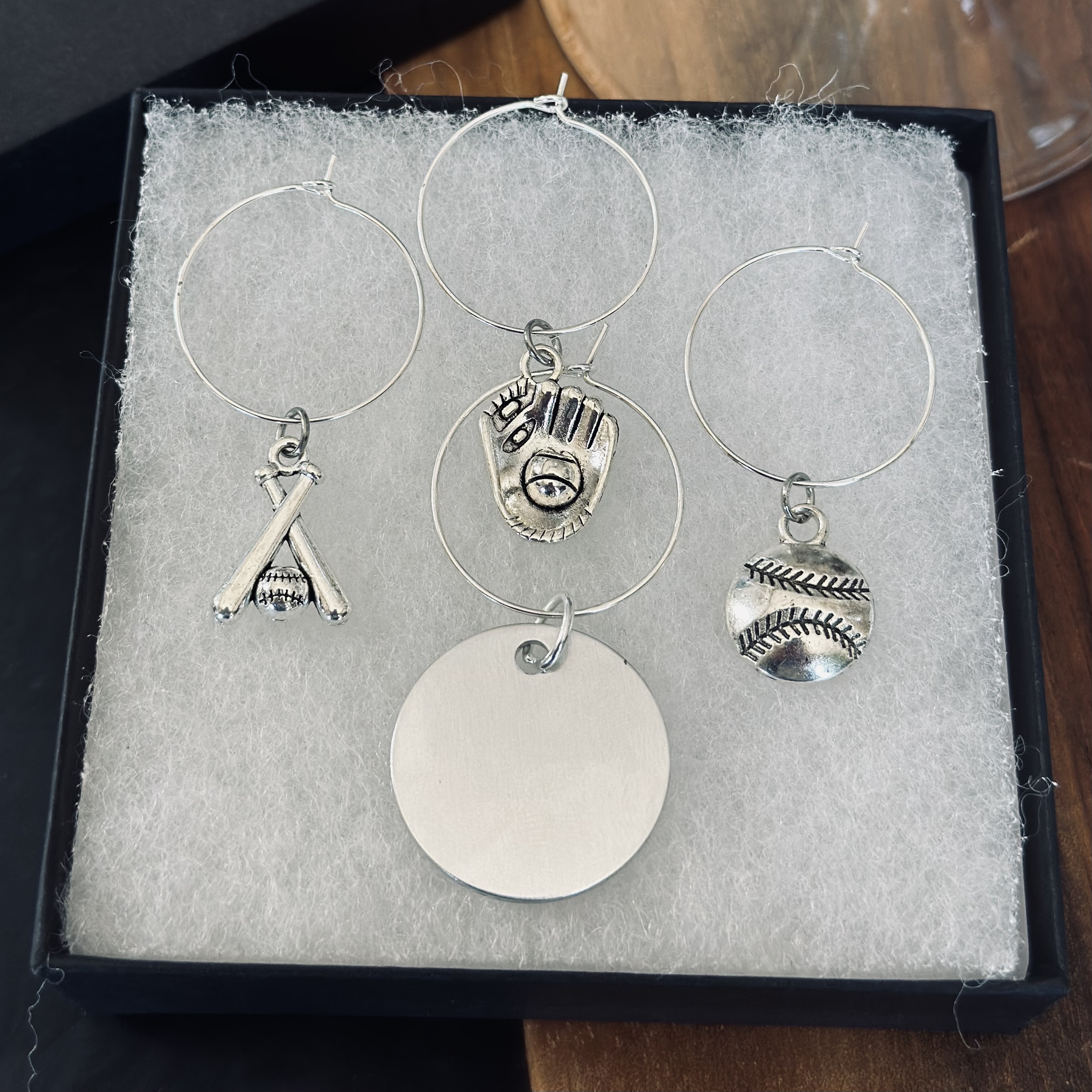 Set of 4 Baseball Themed Wine Glass Charms Including 1 Personalized Pendant