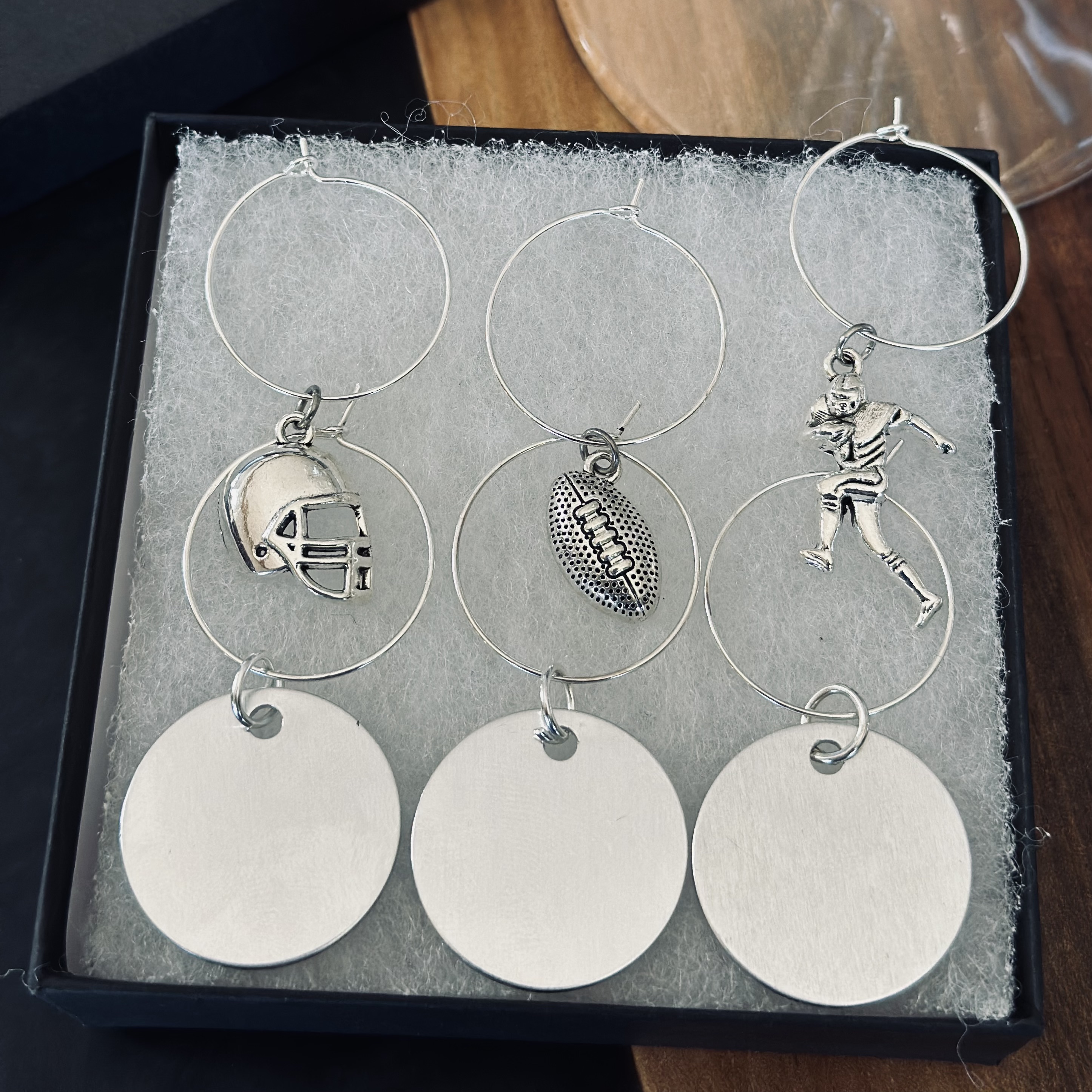 Set of 6 Football Wine Glass Charms Including 3 Personalized Pendants