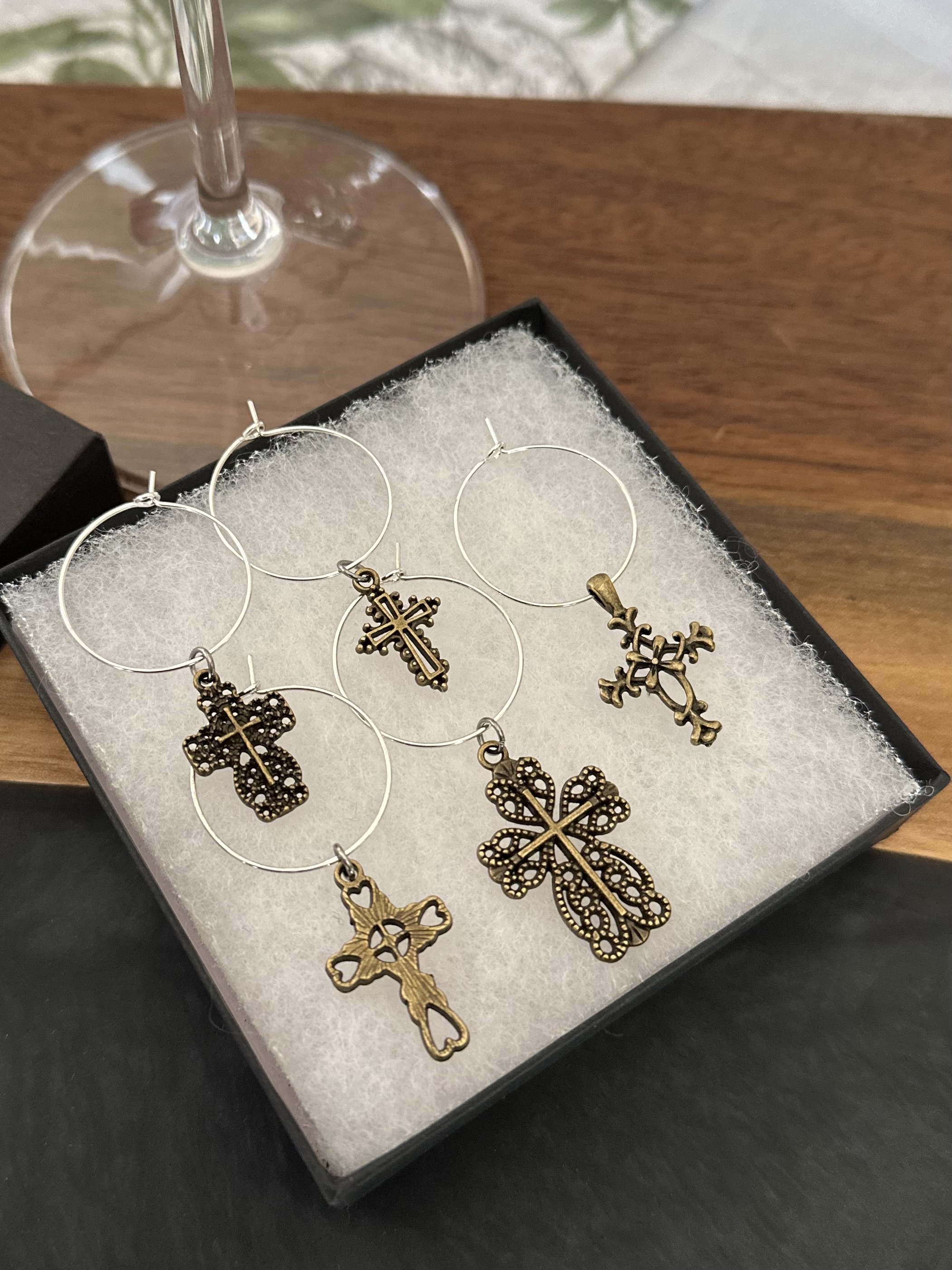 Antique Bronze Crosses Set of 5 Wine Charms